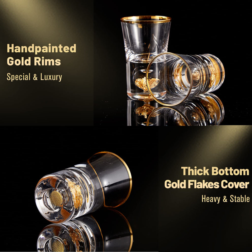 DUJUST Crystal Shot Glass Set – 24K Gold Leaf Flakes & Rim (6 Pcs, 45ml)