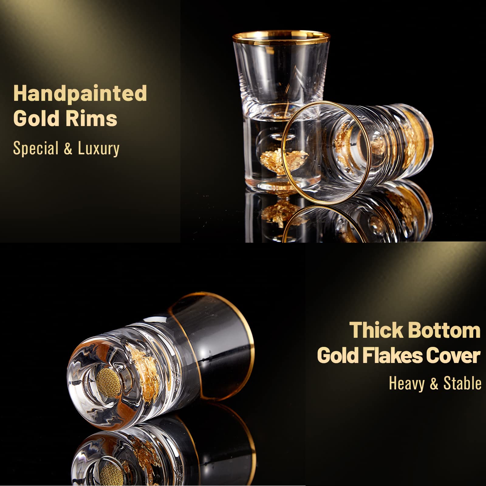 DUJUST Crystal Shot Glass Set – 24K Gold Leaf Flakes & Rim (6 Pcs, 45ml)