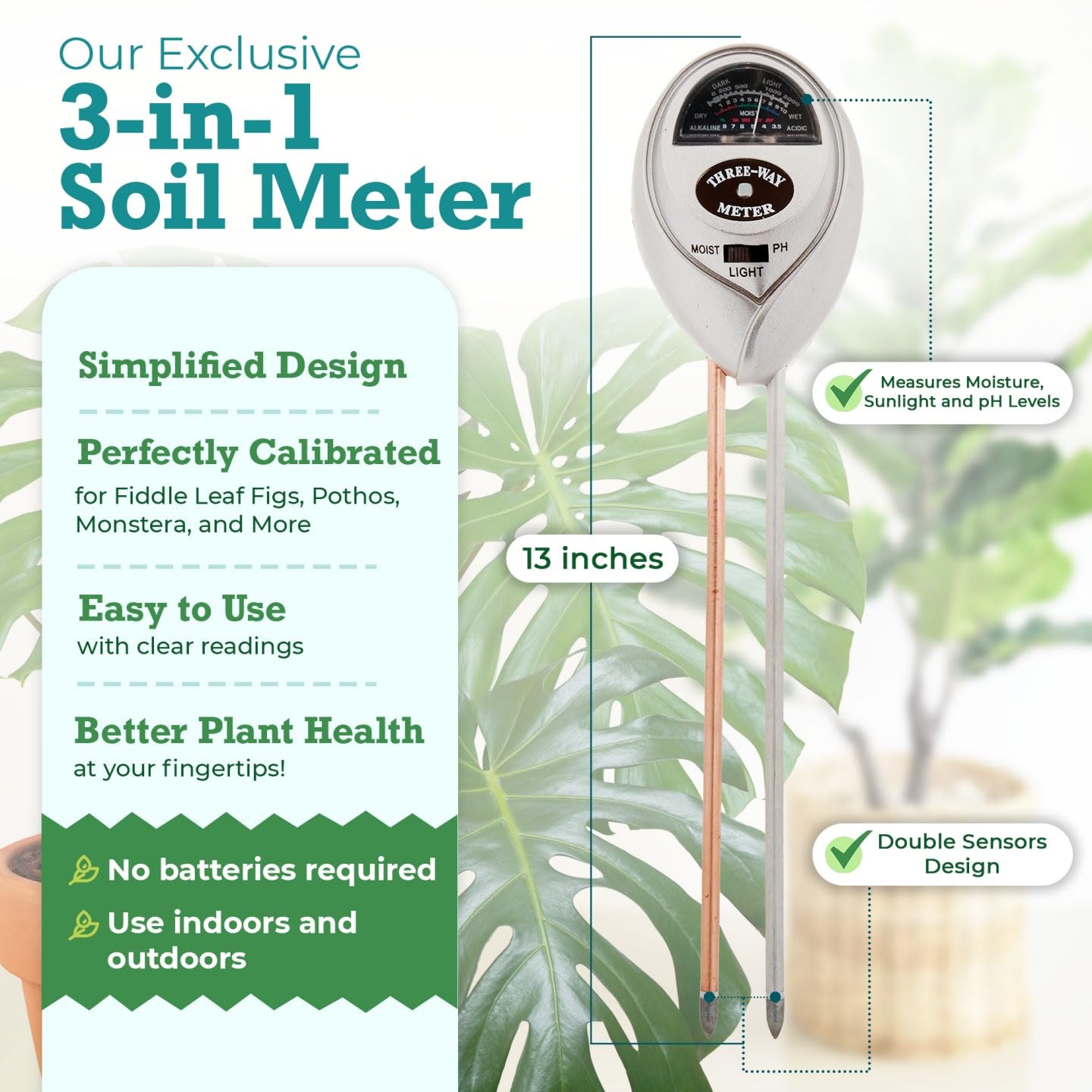 Houseplant Resource Center 3-in-1 Soil Moisture, Light & pH Meter