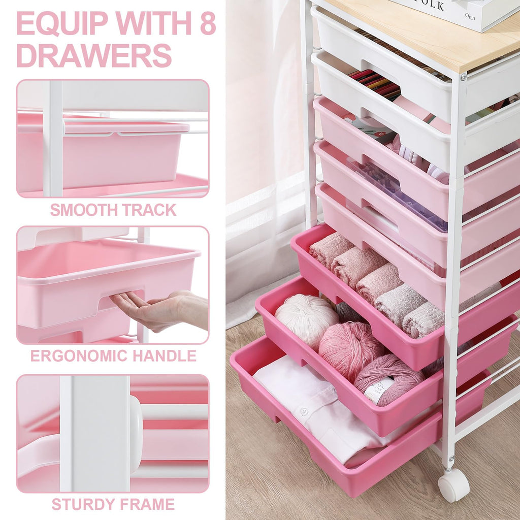 SYKIARIOL 8-Drawer Rolling Storage Trolley | Wooden Top Utility Cart