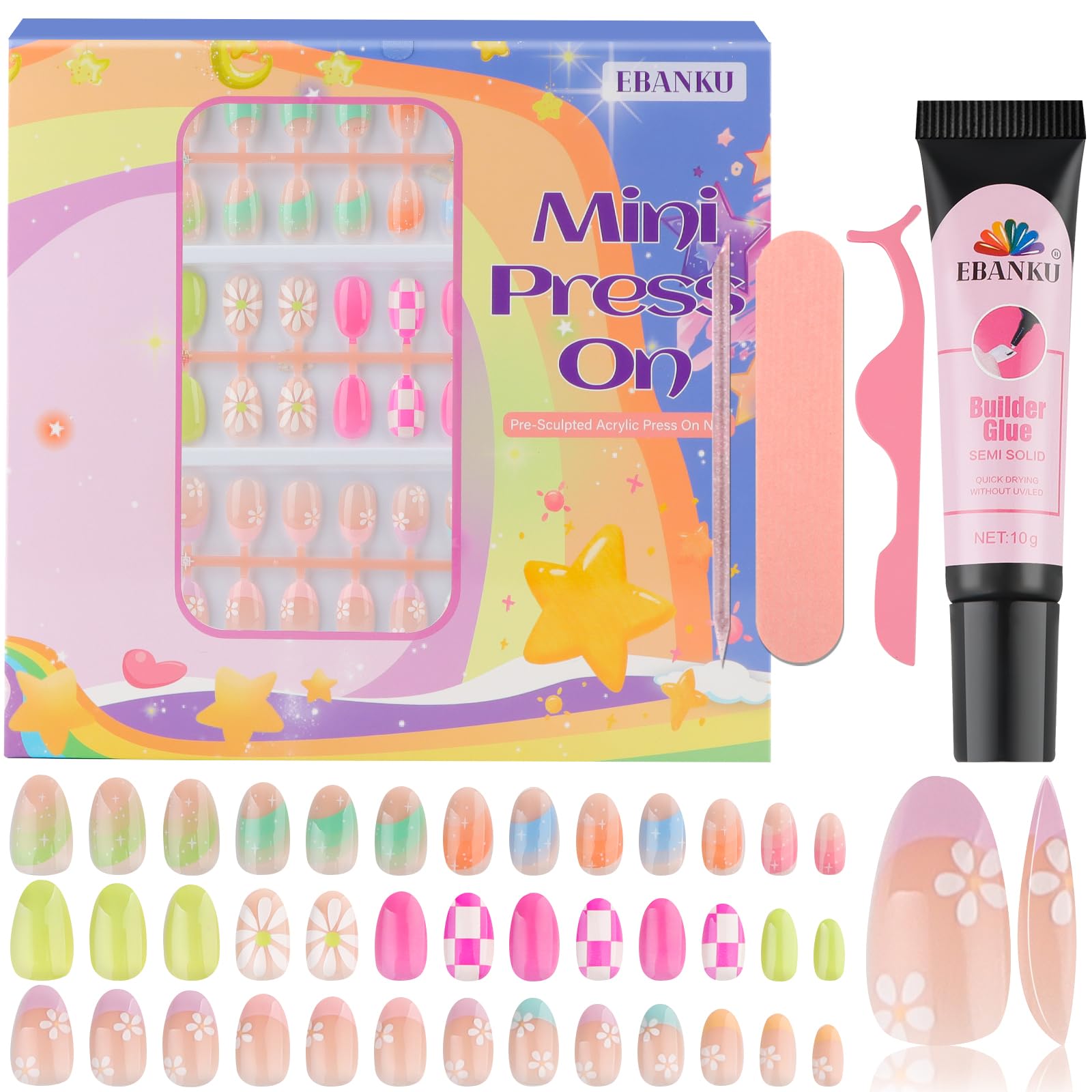 EBANKU Kids Press on Nails Kit – 78pc Colorful Flower Nail Art Set