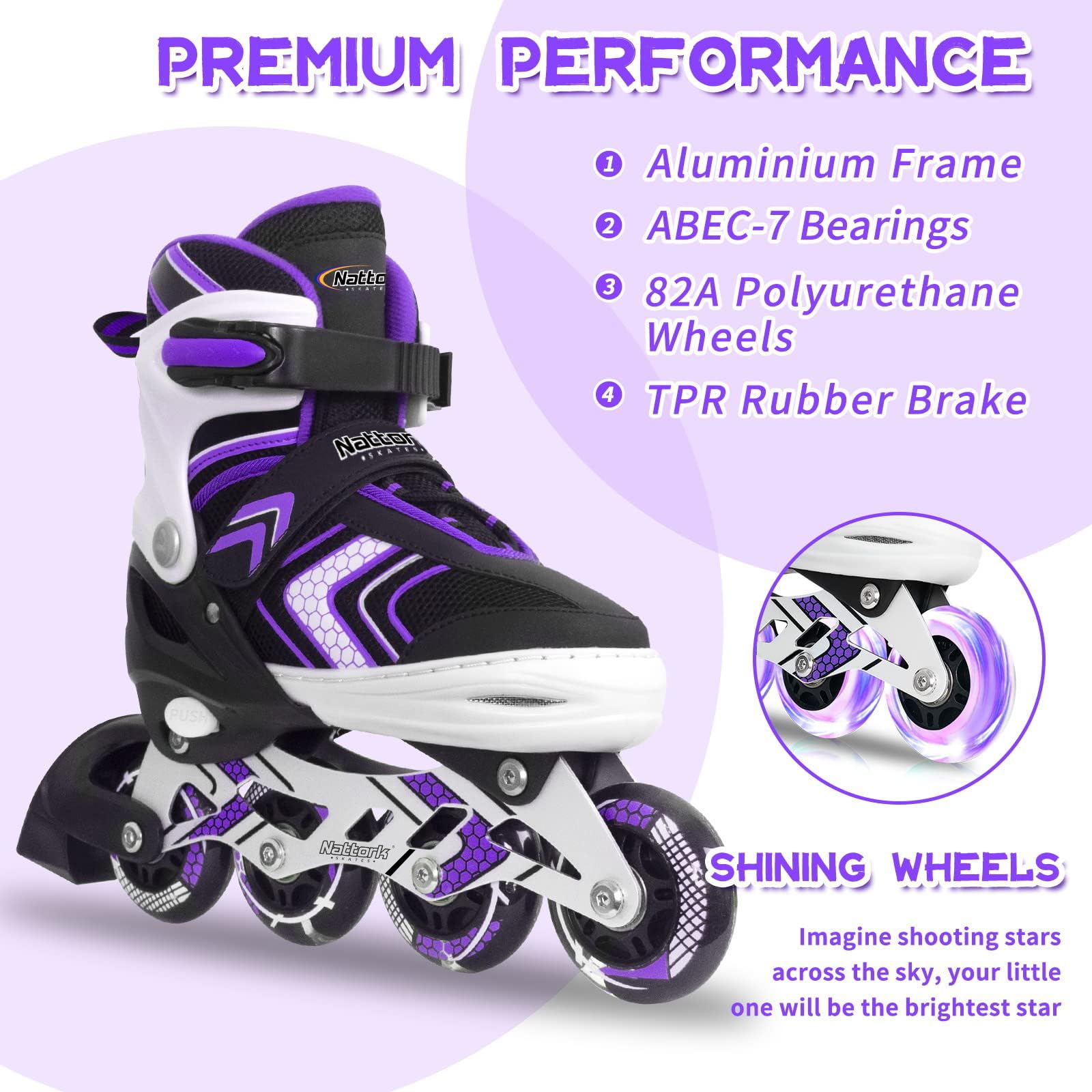 Nattork Girls Adjustable Inline Skates | Light Up Wheels | Purple Size 1-3
