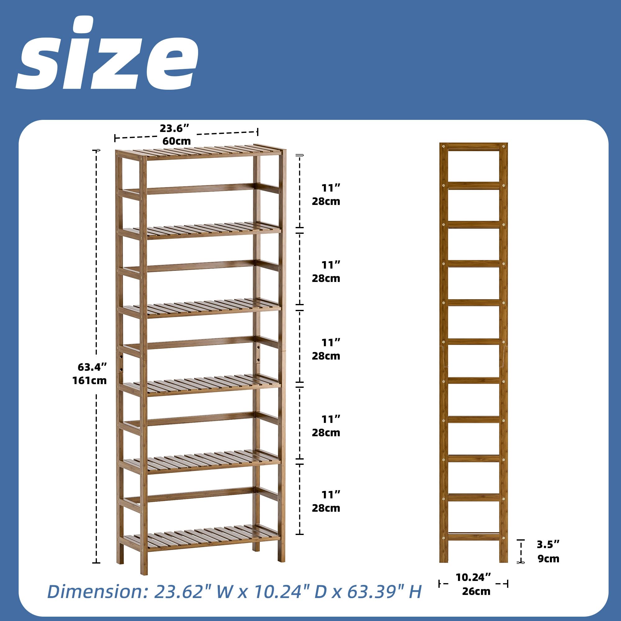 HITNET 6-Tier Bamboo Bookshelf | Adjustable Tall Storage Display Stand, Walnut