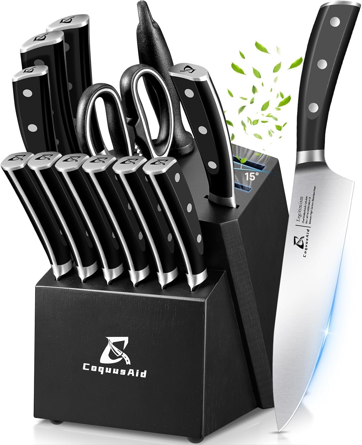 CoquusAid 15-Piece Kitchen Knife Block Set | Forged German Stainless Steel