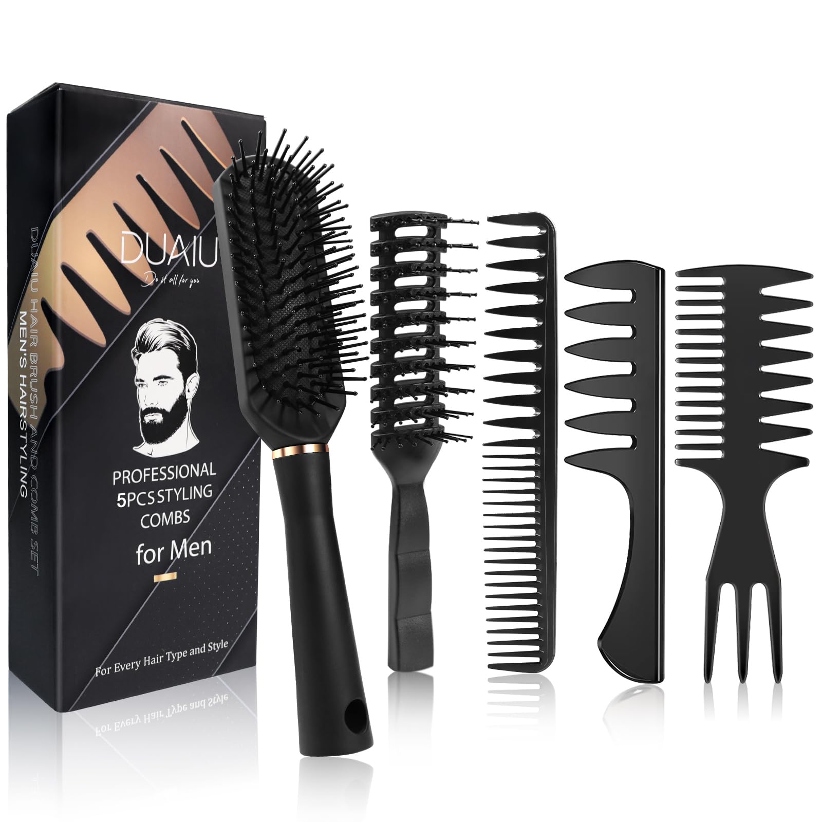 DUAIU 5-Piece Men's Hair Brush Set | Professional Styling & Detangling Kit