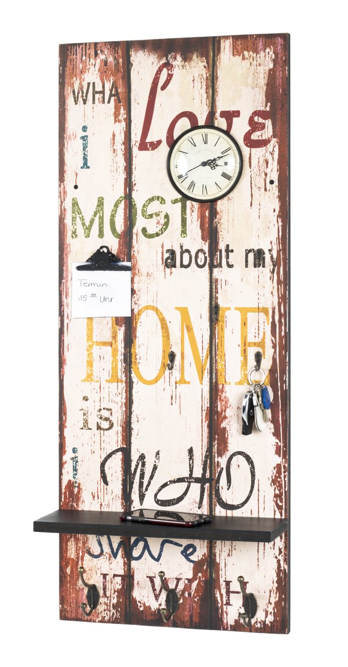 HAKU Mobel Industrial Memoboard with Clock, Key Hooks & Shelf
