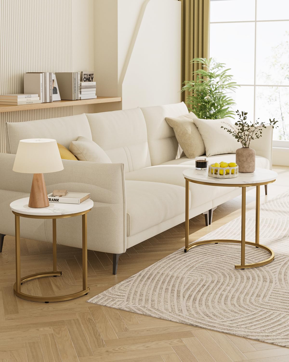 HEYZOEY Round Coffee Tables, Removable Set of 2 End Table, Nesting Table, Side Table with Gold Metal Frame Legs and Marble White Top for Living Room - image 4