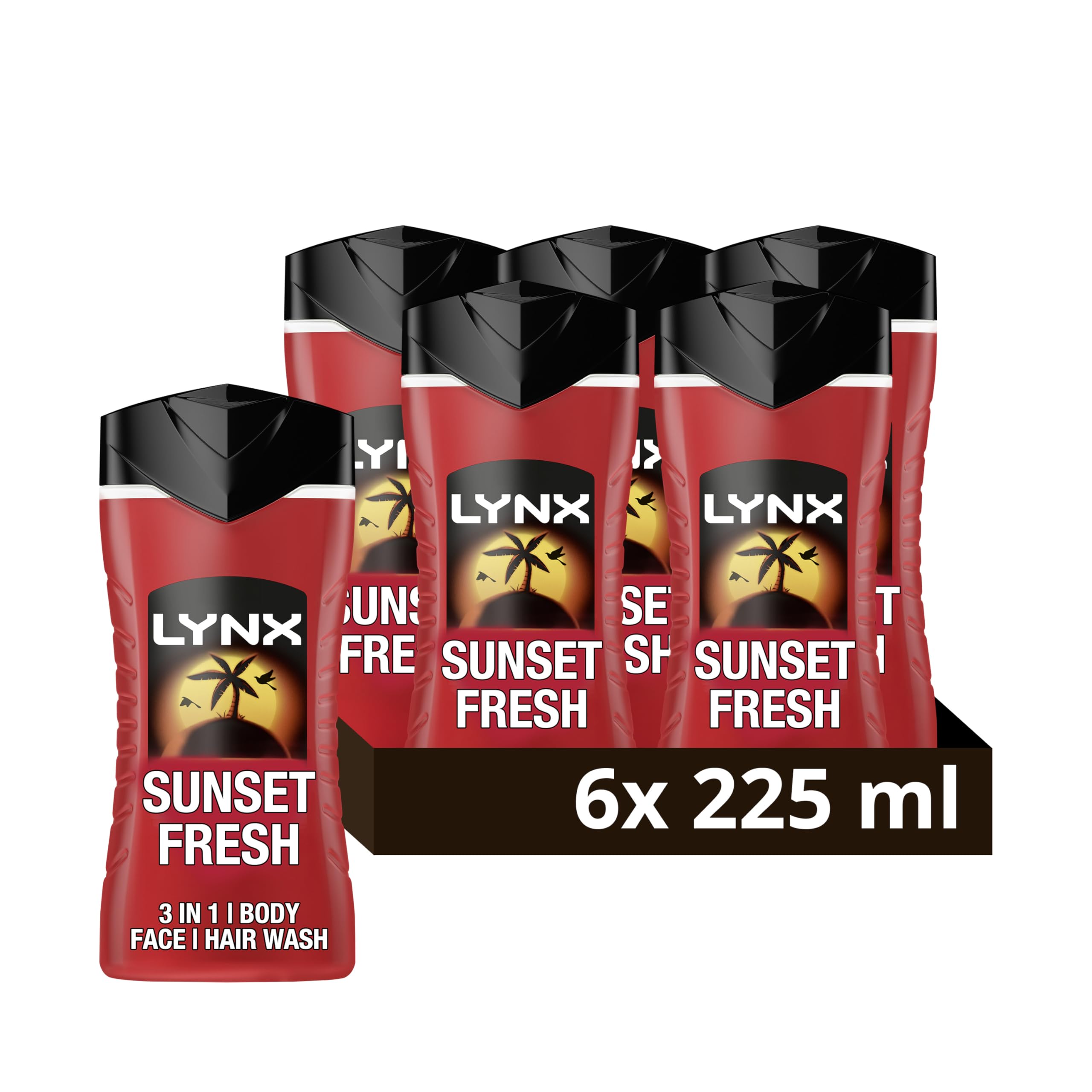 Lynx Sunset Fresh 3-in-1 Body Wash, Mango & Mandarin, 225ml (Pack of 6)