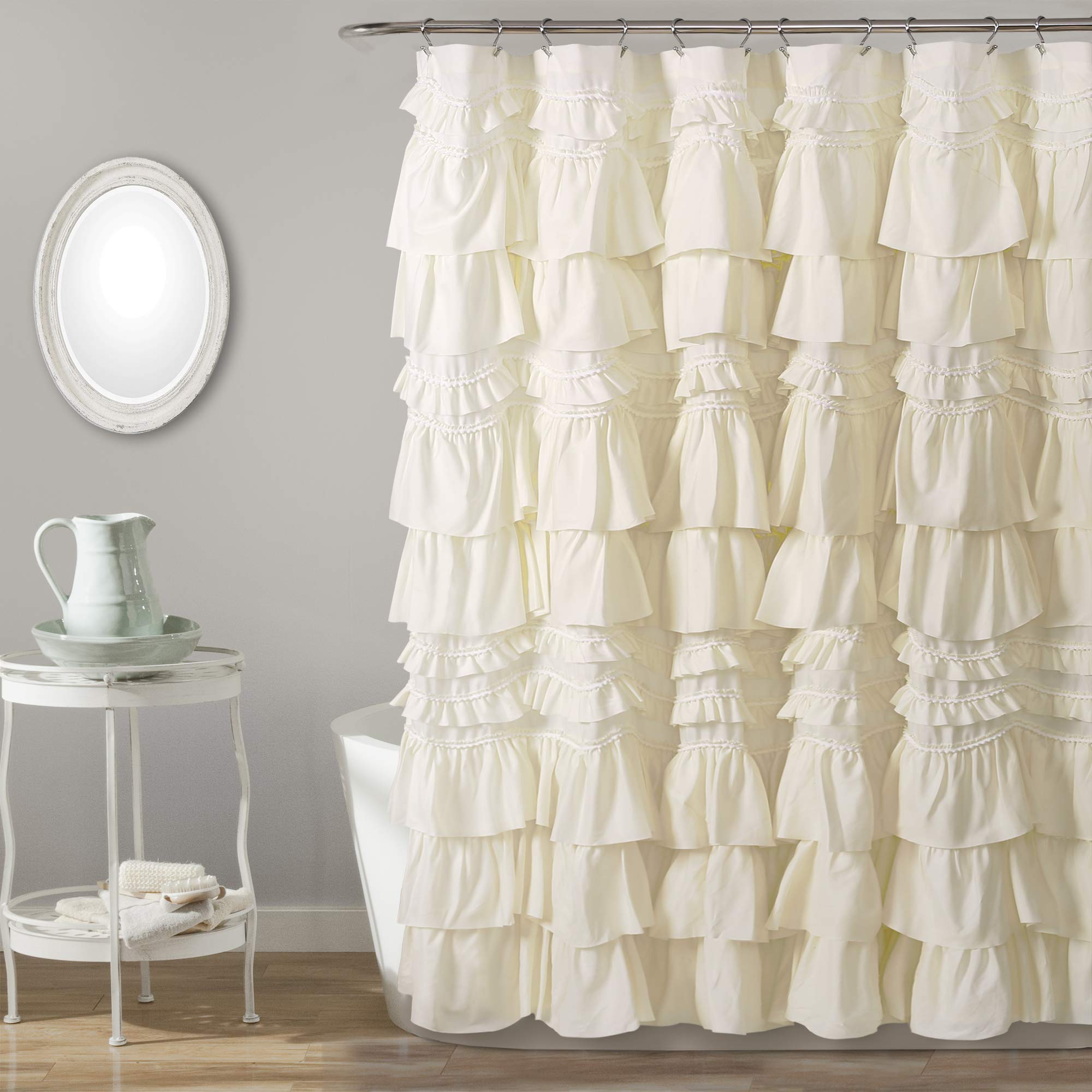 Lush Decor Kemmy Ruffled Shower Curtain | Shabby Chic Pom Pom Trim, Ivory