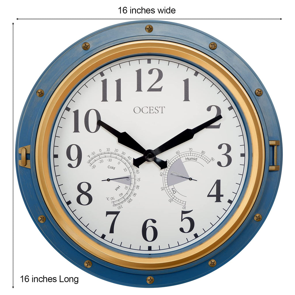 OCEST 16 Inch Outdoor Garden Clock | Waterproof Retro Wall Clock with Blue Frame