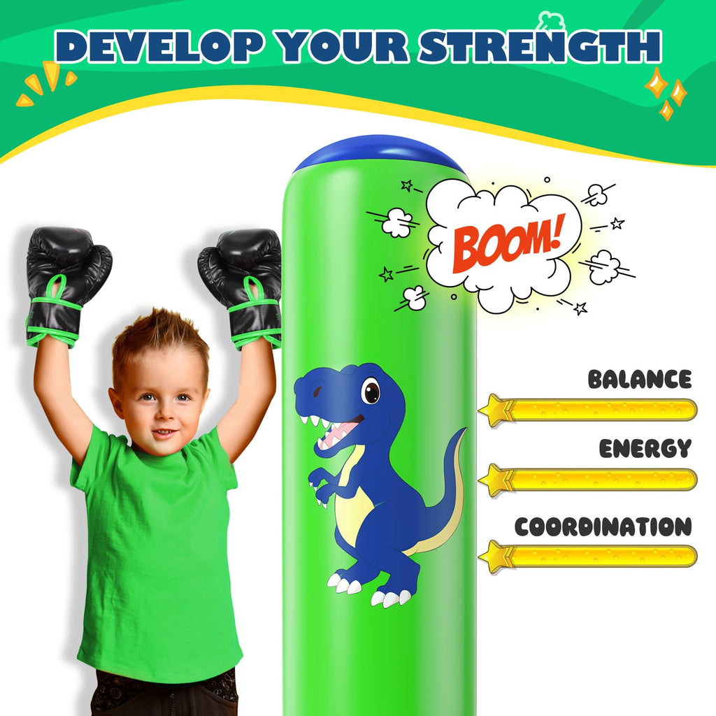 QPAU Inflatable Dinosaur Punching Bag - 48 Inch Kids Boxing Set for Ages 3-6