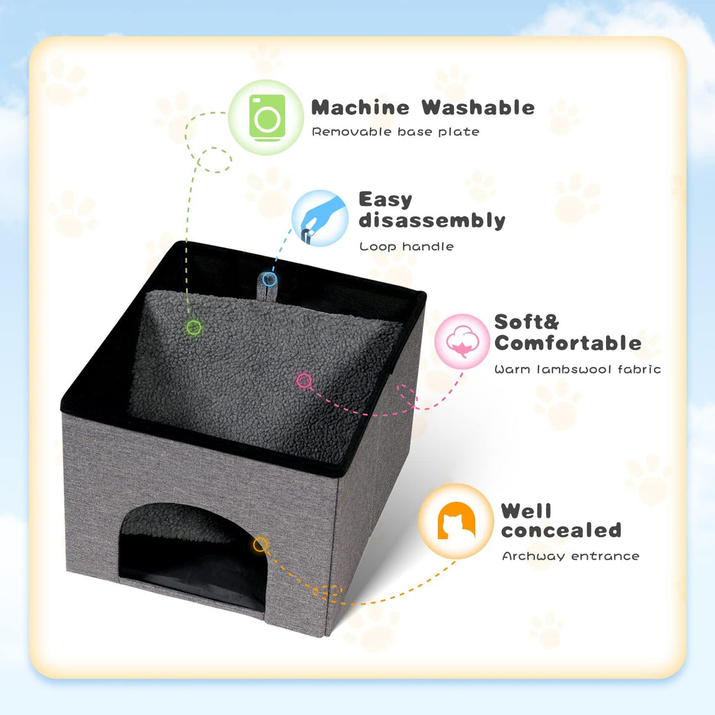 Bonlife Cat House Ottoman | Folding Linen Pet Cave Bed with Washable Pad