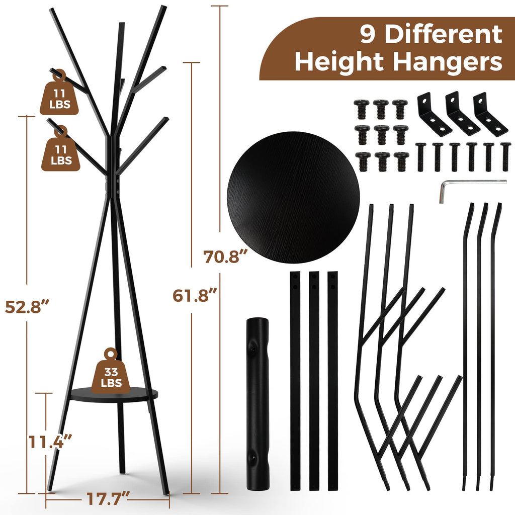 HOME BI Coat Rack Stand, Entryway Standing Coat Tree,Hat Stand Coat Hanger with 9 Hooks for Holding Jacket, Handbag, Clothes, Hats, and Scarves, Black - image 4