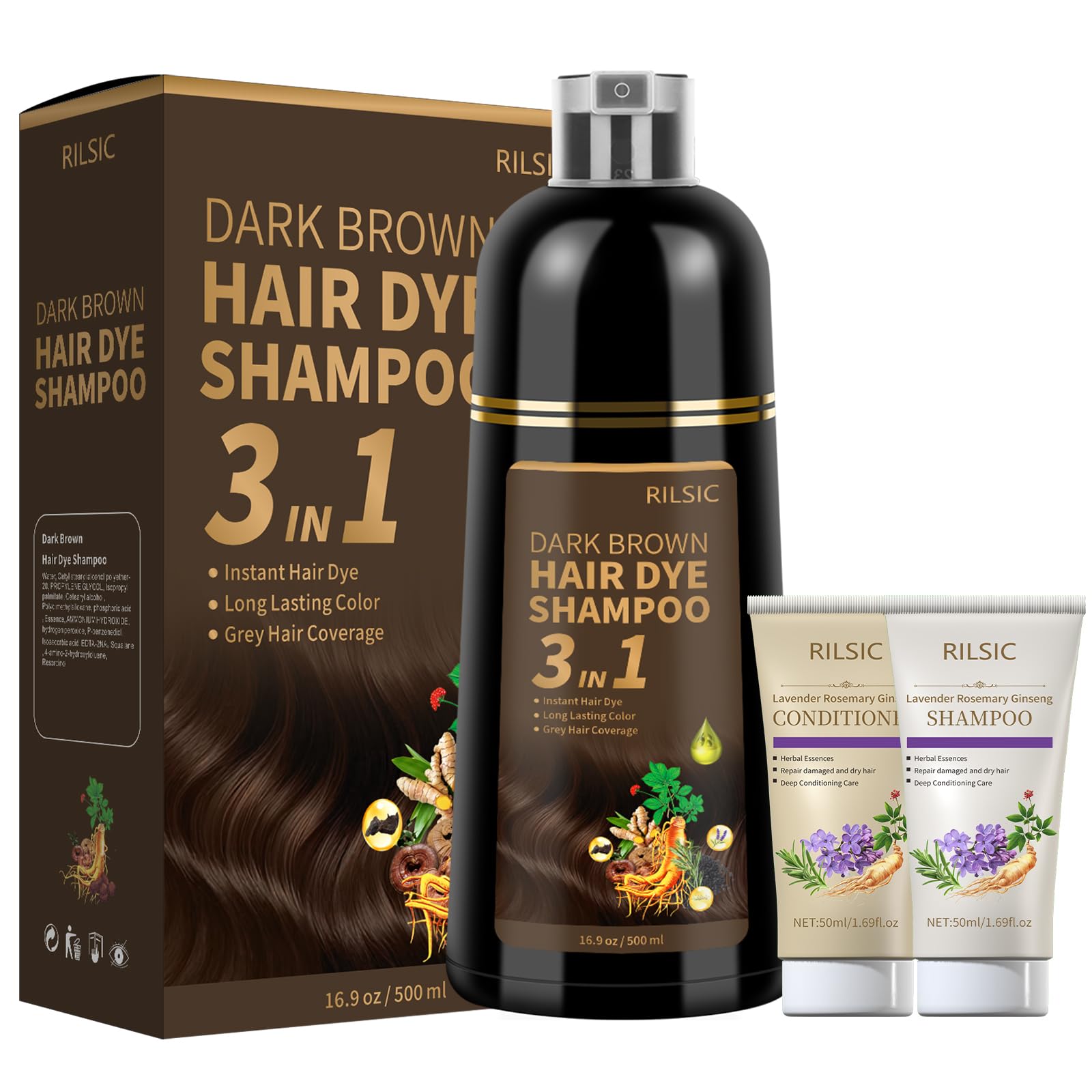 RILSIC Dark Brown Hair Dye Shampoo 3-in-1 | Herbal Gray Hair Coverage, 500ml