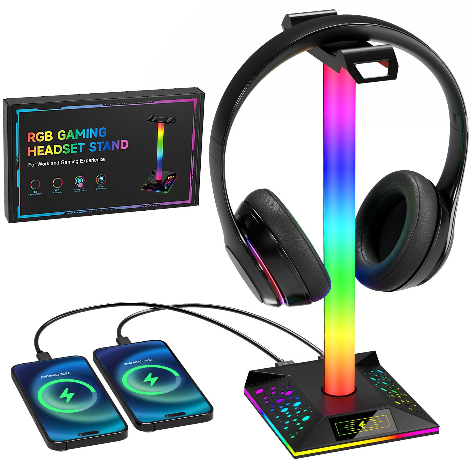 Hcman RGB Gaming Headphone Stand with 2 USB Charging Ports – Black