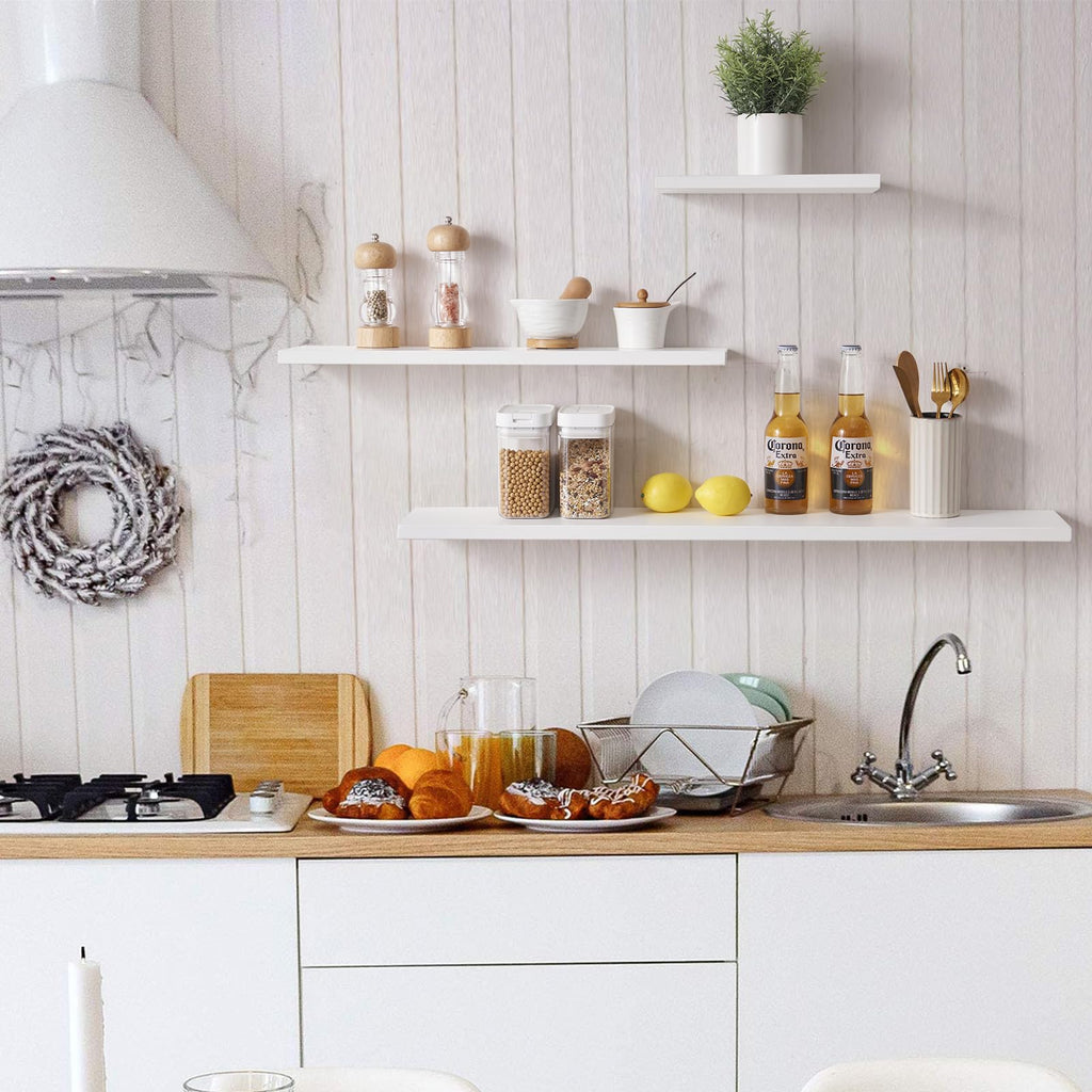 Gieanoo 60cm White Floating Shelf | Solid Oak Wood Wall Mounted Ledge