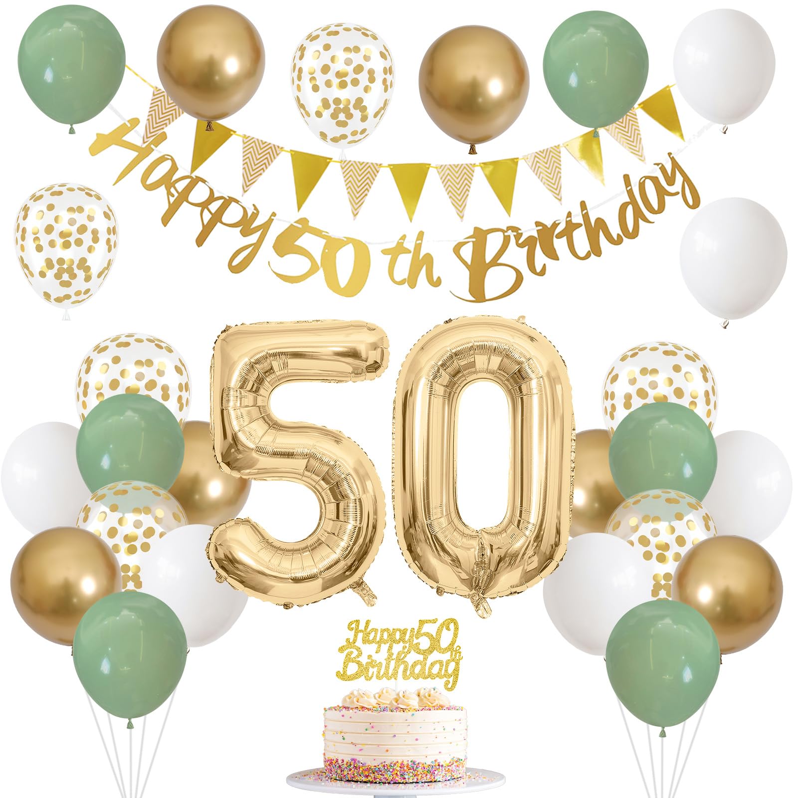 50th Birthday Decorations - Sage Green & Gold Balloon Party Kit