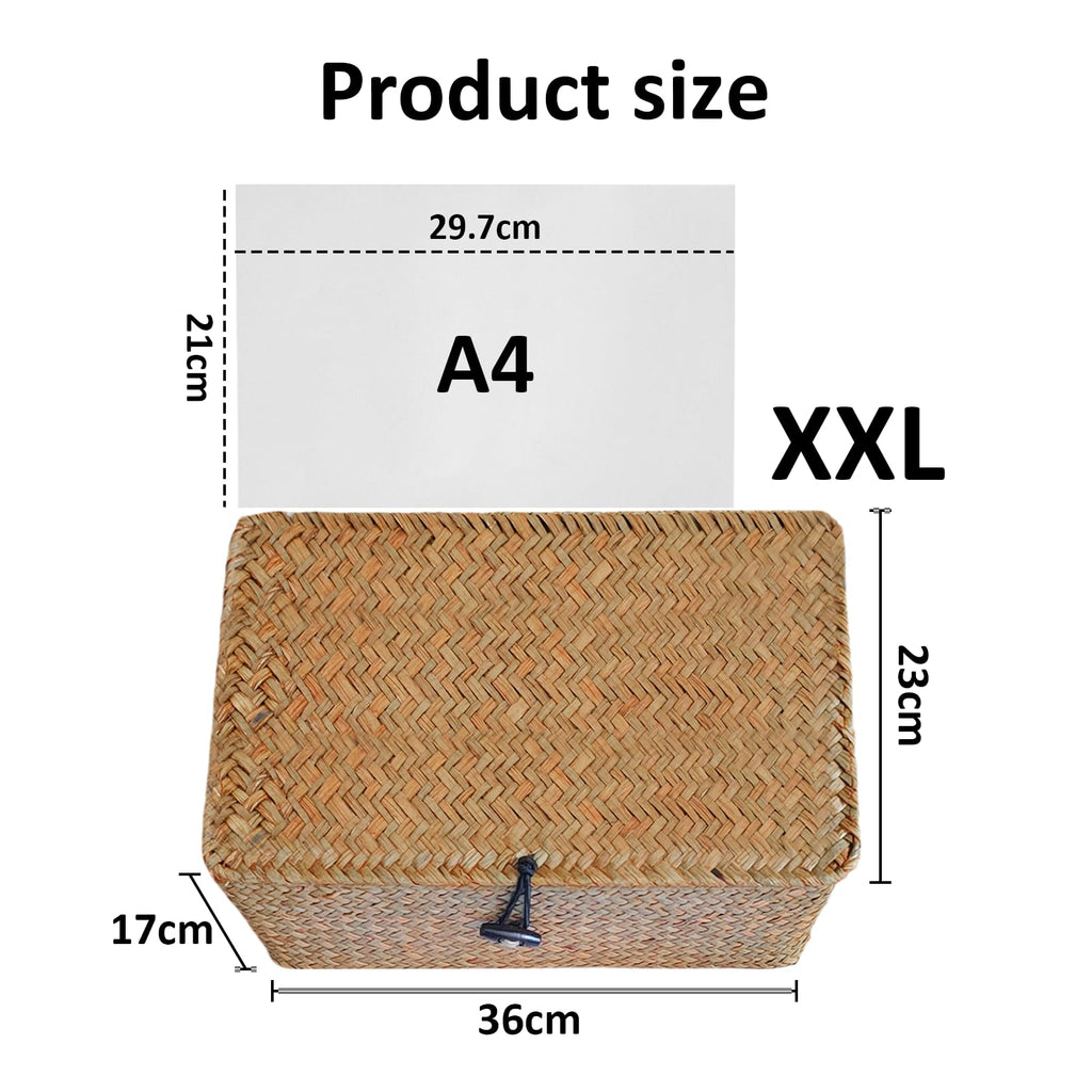 Wicker Storage Basket Woven Rattan Storage Box With Lids Seagrass Laundry Baskets Makeup Organizer For Bathroom, Living Room, Kitchen XXL