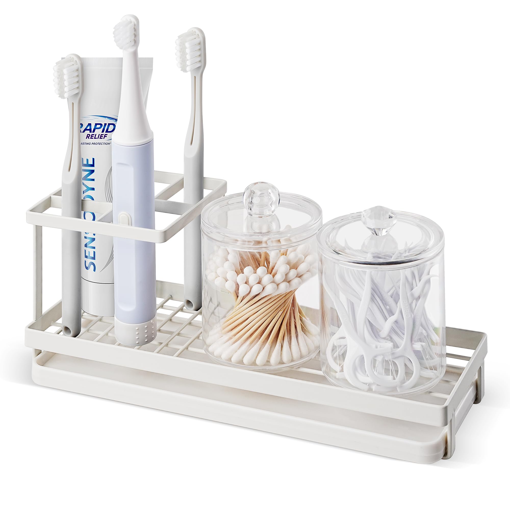 IWTTWY Metal Toothbrush Holder | 4-Slot Countertop Caddy with Drip Tray