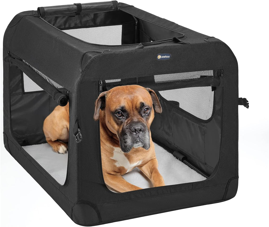 Veehoo 28-Inch Soft Dog Crate | Foldable 3-Door Travel Pet Kennel