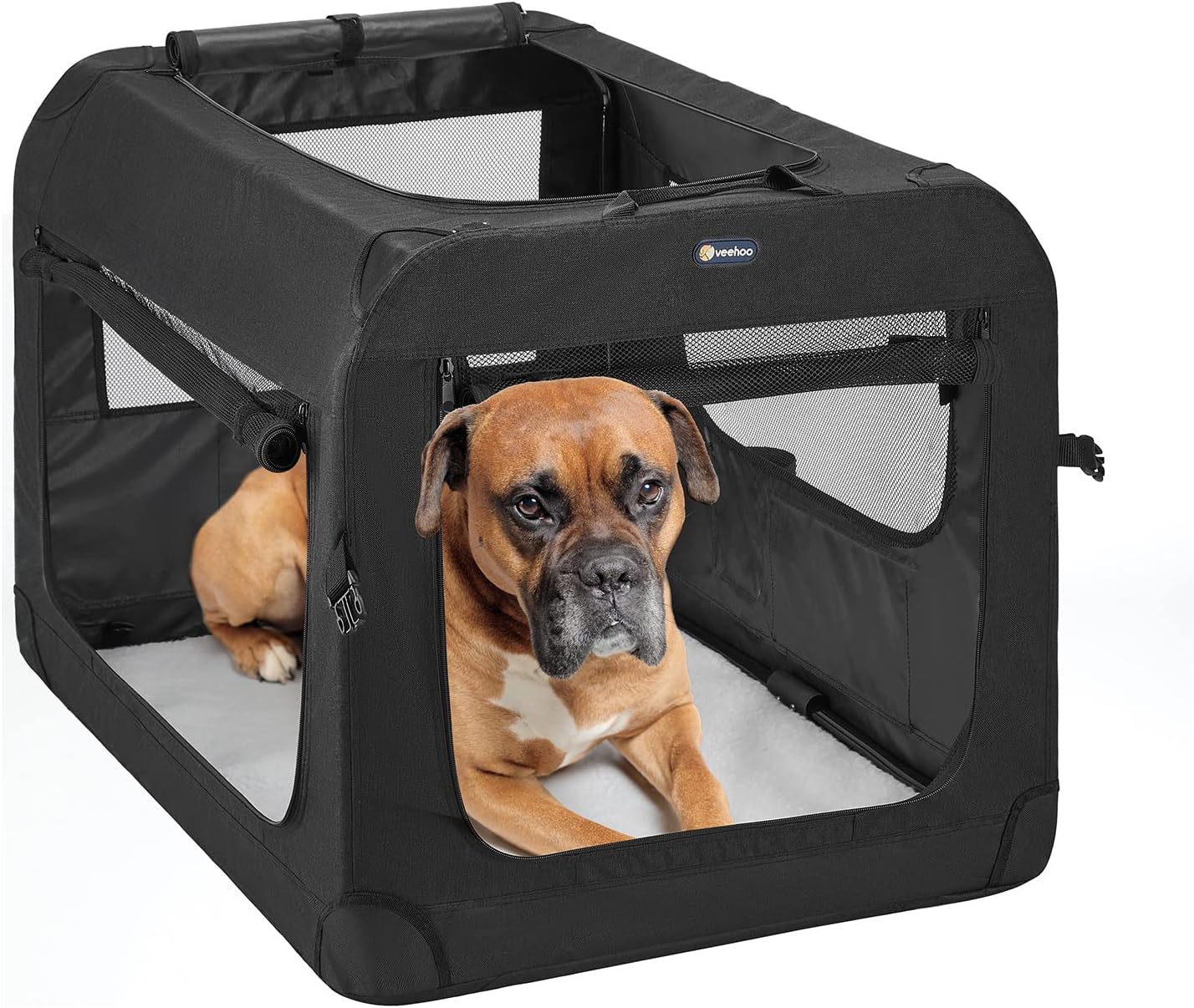Veehoo 28-Inch Soft Dog Crate | Foldable 3-Door Travel Pet Kennel