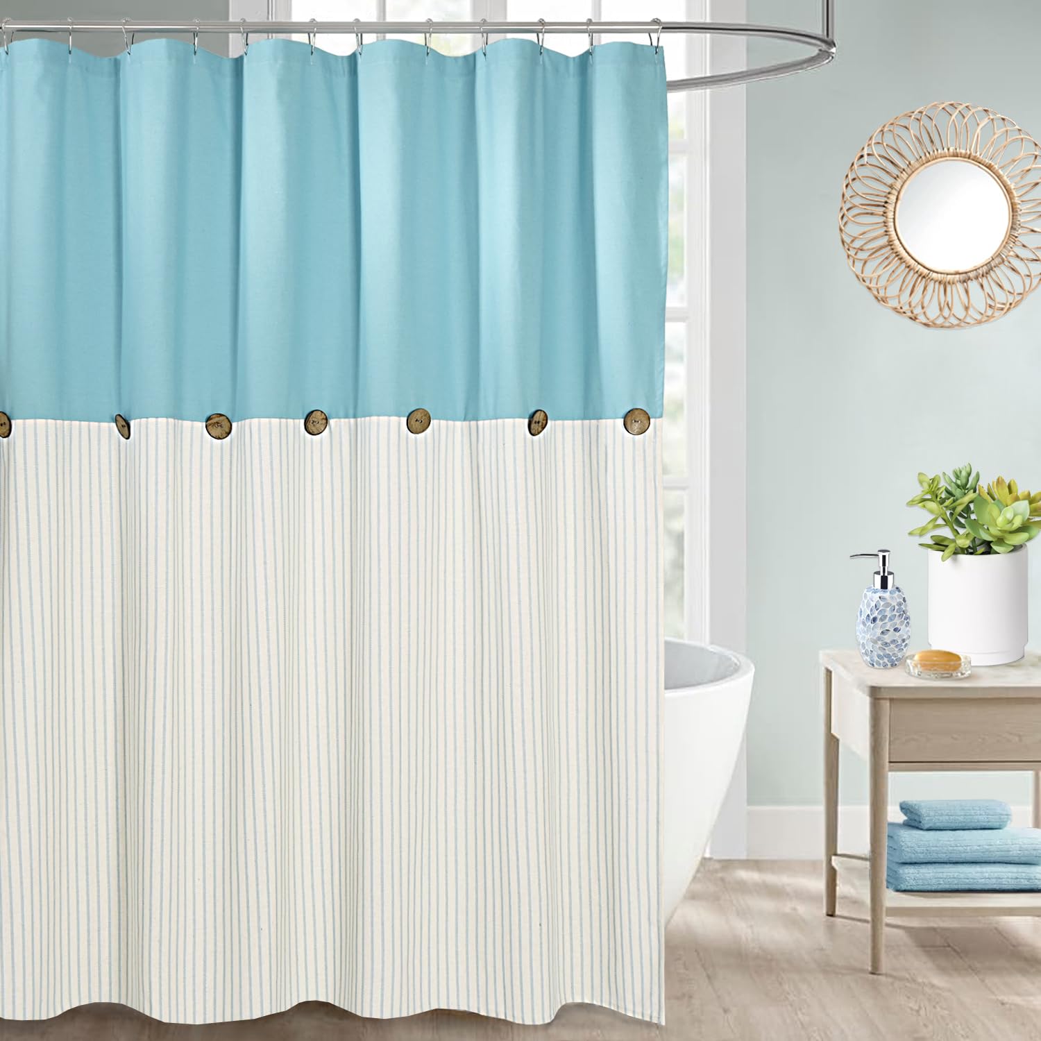 Jolof Store Farmhouse Teal Striped Shower Curtain | Cotton Blend, 72x72