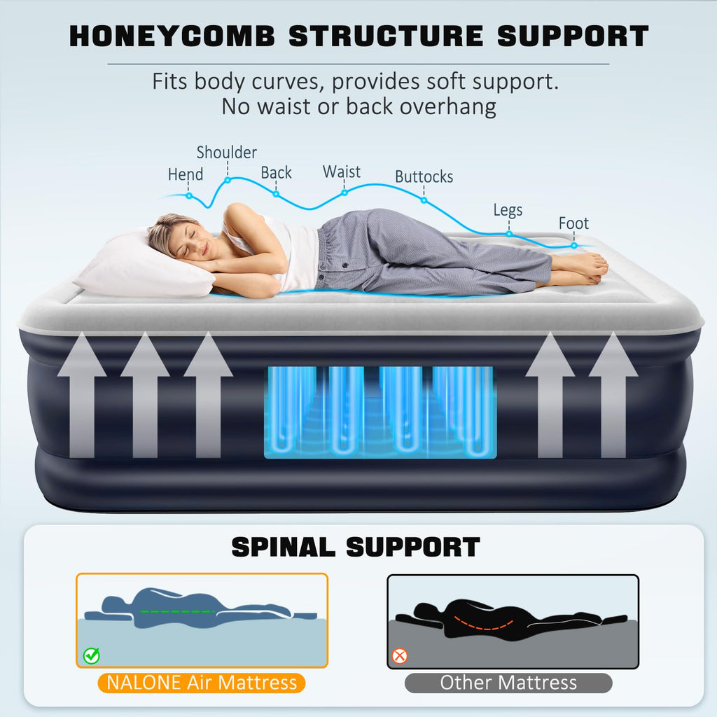 NALONE Queen Air Mattress with Built-in Pump – Self-Inflating Guest Bed
