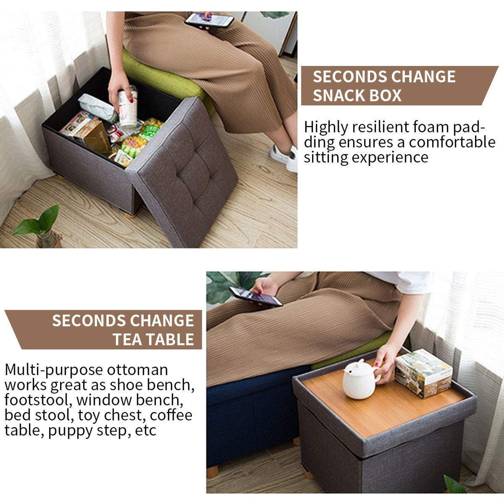BRIAN & DANY Folding Storage Ottoman | Linen Foot Stool with Wood Legs