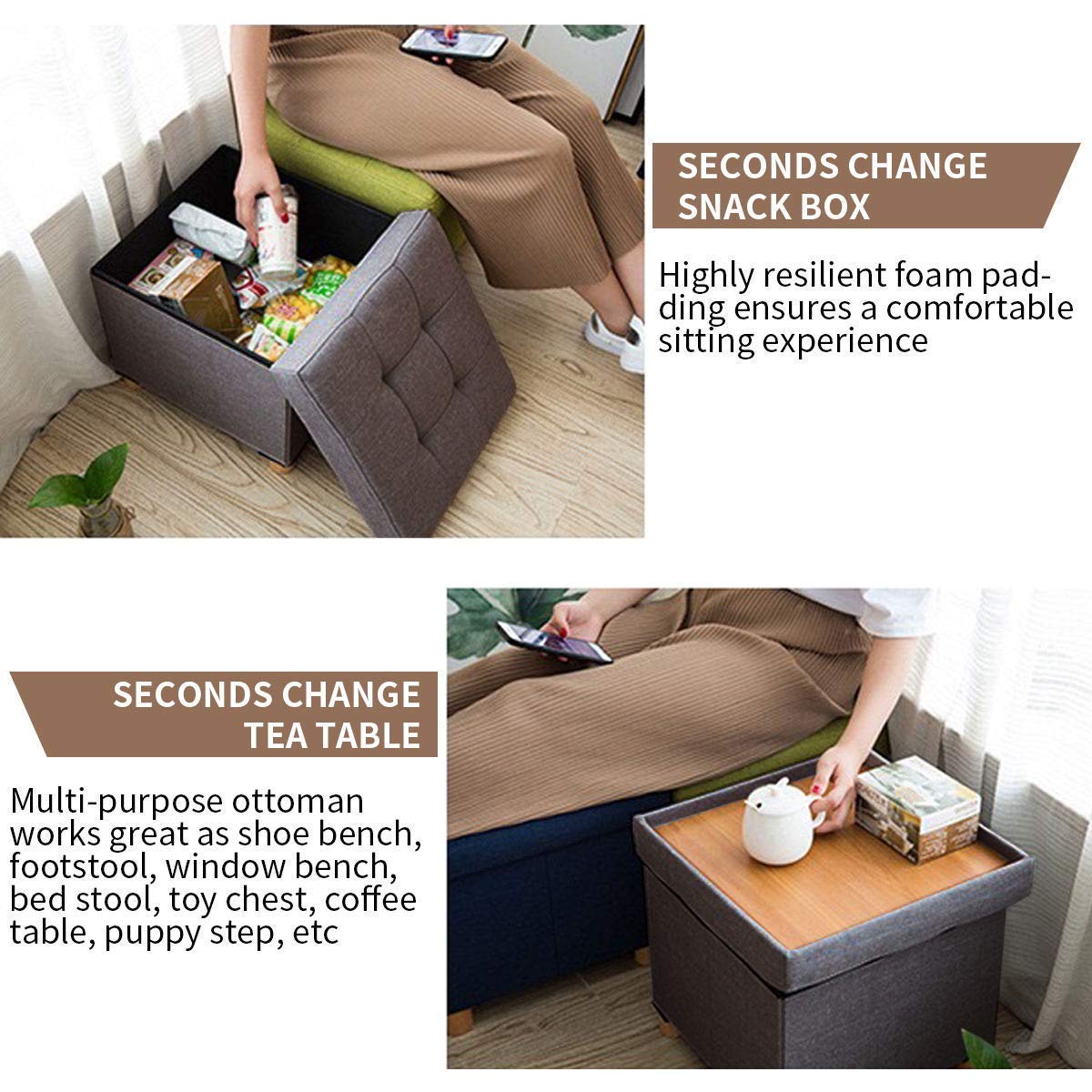BRIAN & DANY Folding Storage Ottoman | Linen Foot Stool with Wood Legs