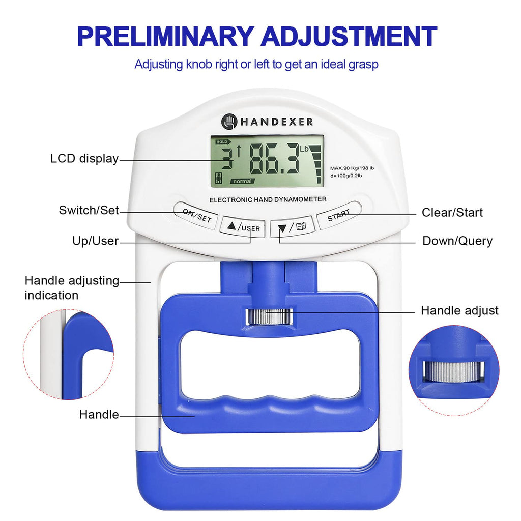 Handexer Digital Hand Dynamometer - 198lb Grip Strength Tester Meter