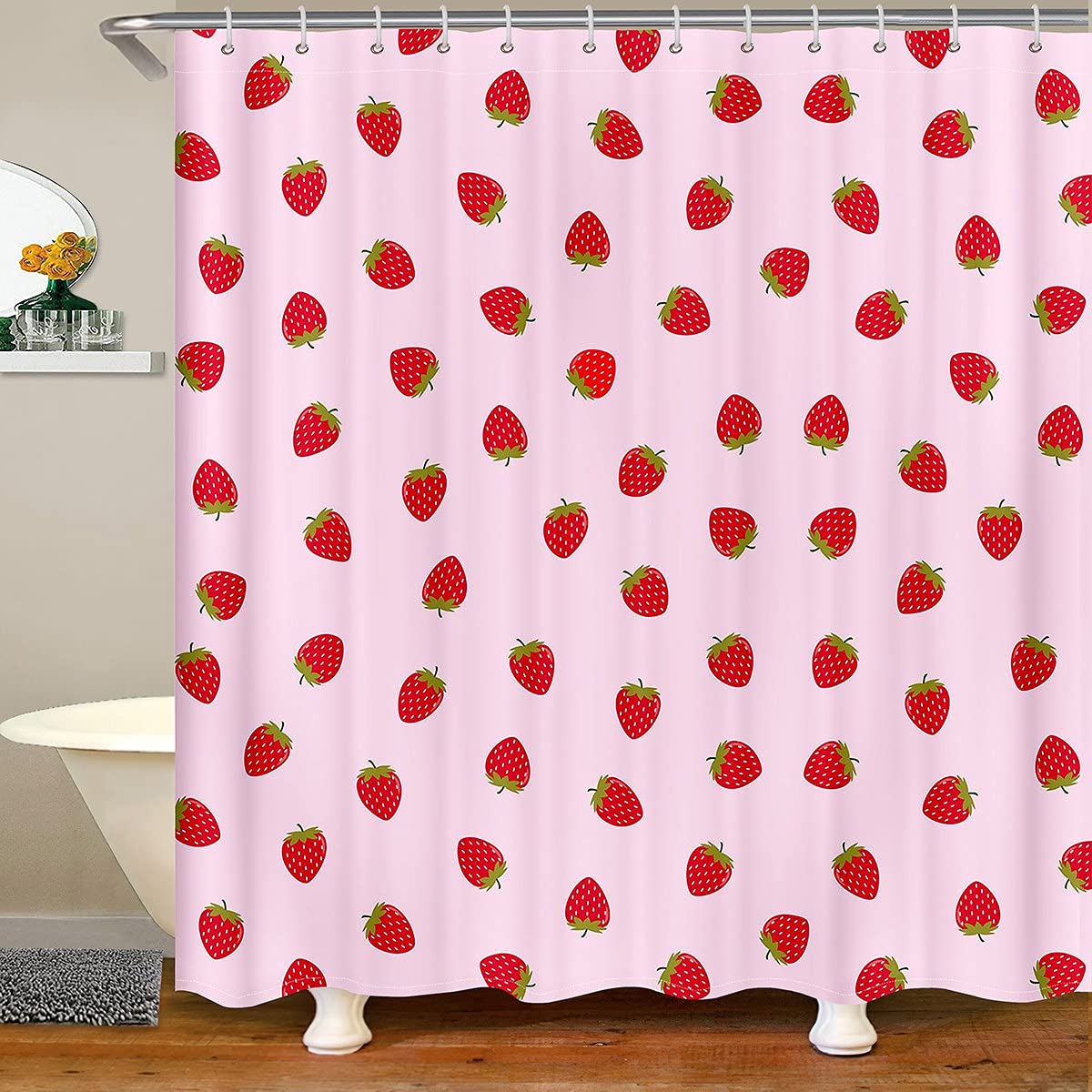 Loussiesd Strawberry Shower Curtain - Pink Fruit Polyester Bath Decor