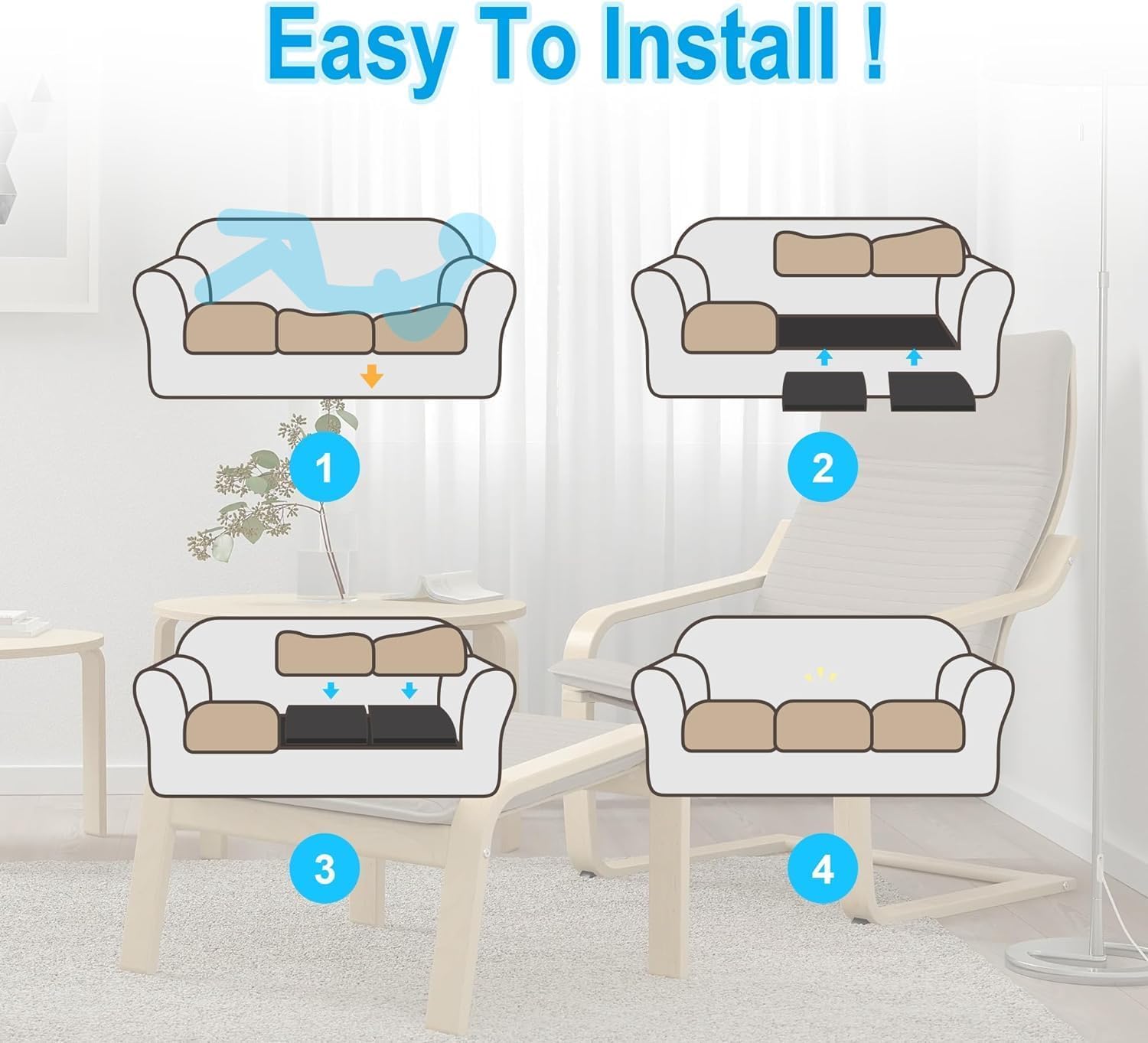 GIONAR 3PCS Sofa Cushion Support - High-Density Foam Sag Repair, 50x50cm