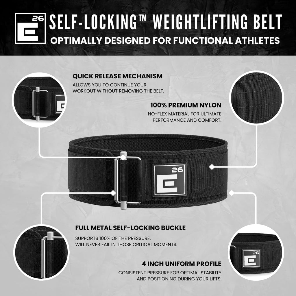 Element 26 Self-Locking Weight Lifting Belt | 4-Inch Nylon Powerlifting
