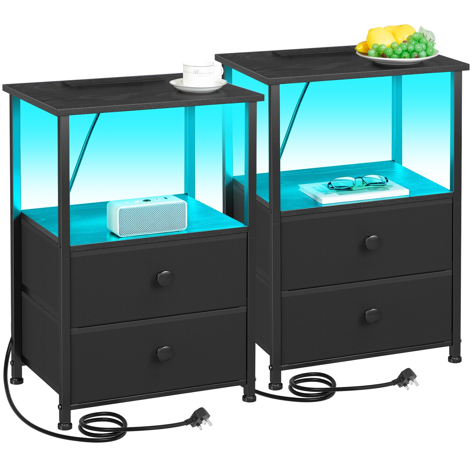 AMHANCIBLE Bedside Table Set of 2 with Charging Station and LED Light