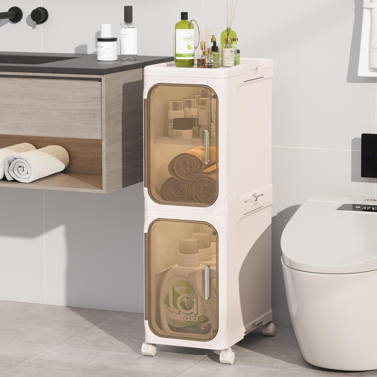 KHNR 2-Tier Slim Bathroom Storage Cabinet | Foldable Rolling Organizer