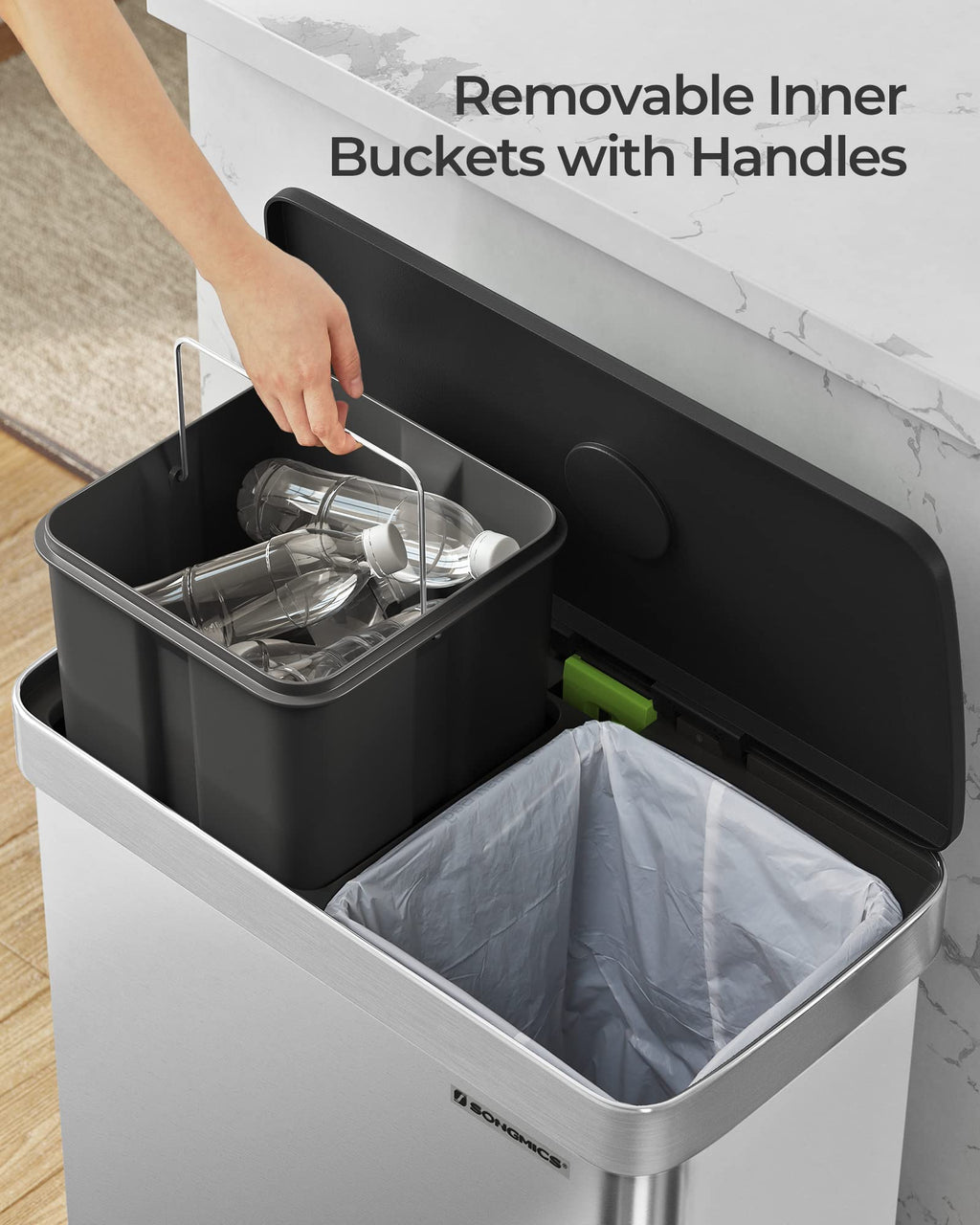 SONGMICS 60L Stainless Steel Kitchen Bin – Dual 30L Recycling Pedal Bin