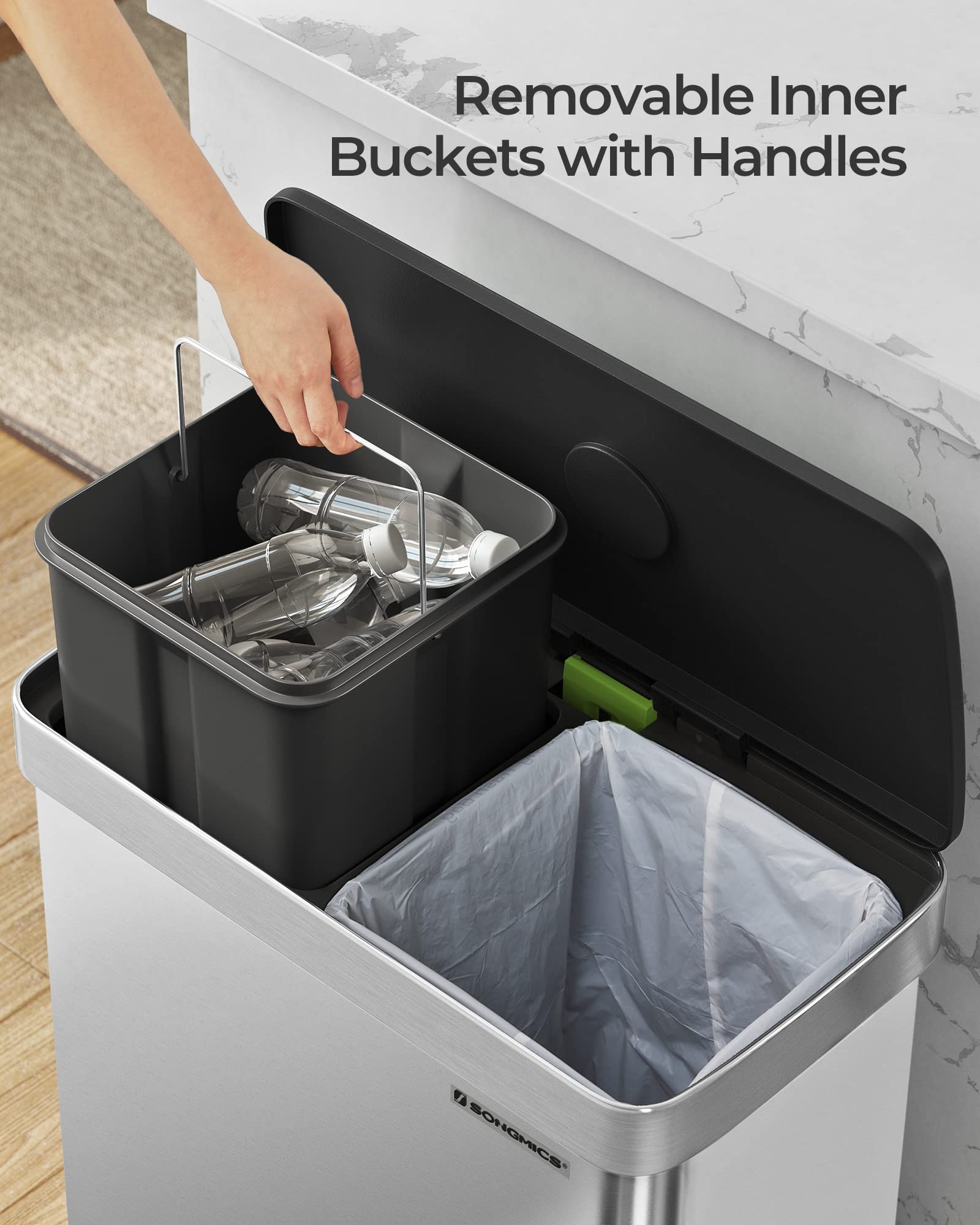 SONGMICS 60L Stainless Steel Kitchen Bin – Dual 30L Recycling Pedal Bin