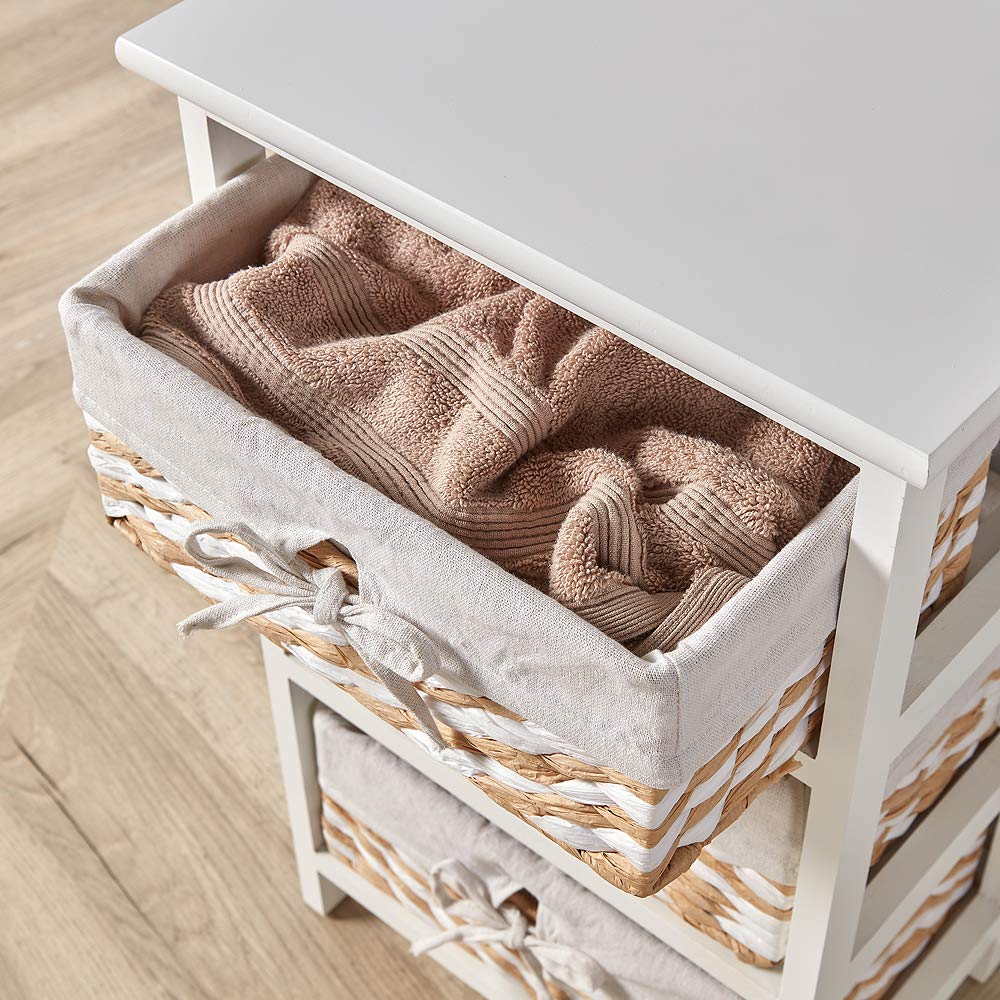Home Source White Wooden Storage Chest with 3 Wicker Basket Drawers