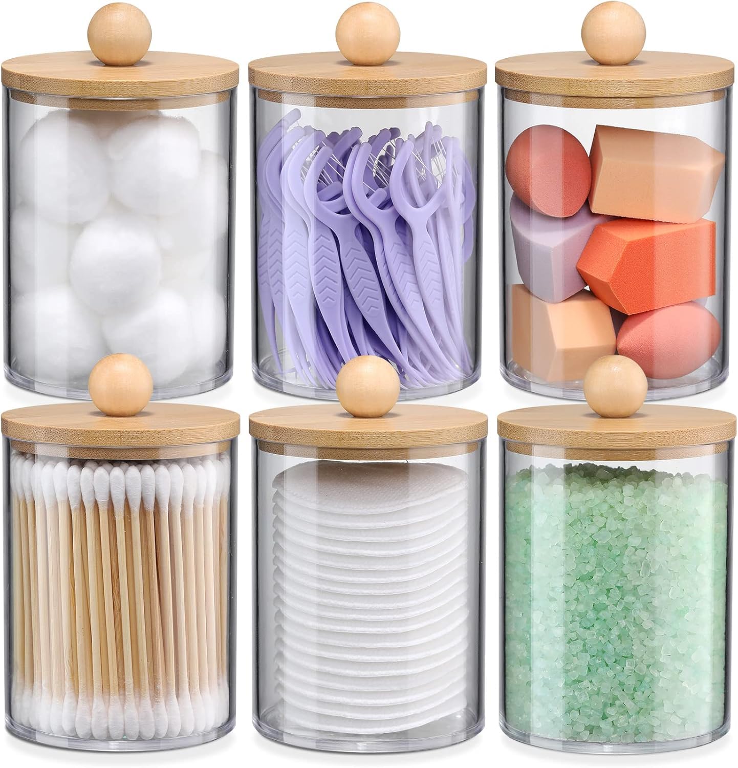 LATERN 6Pcs Qtip Holder Set with Bamboo Lids – 10oz Acrylic Canisters