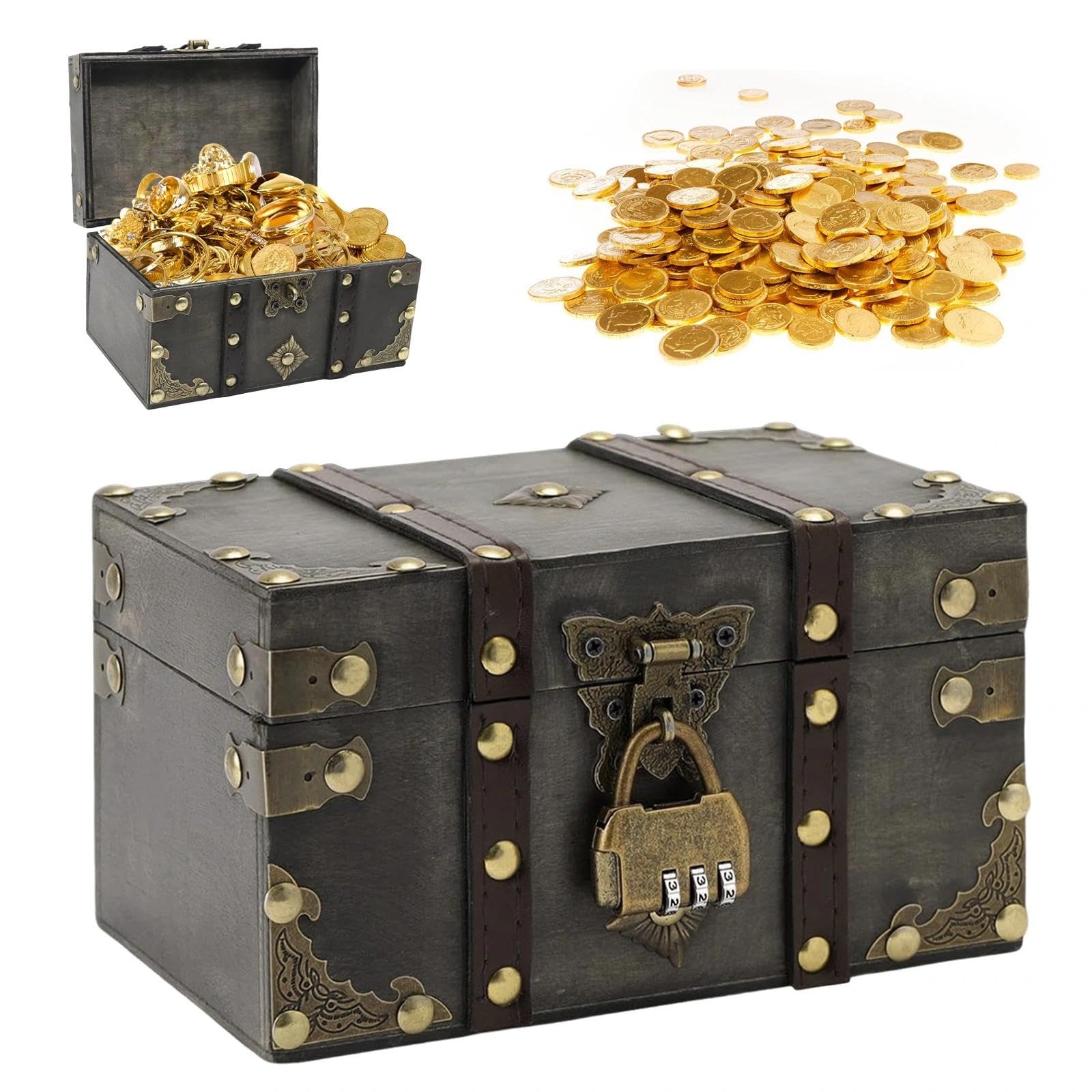 Zyiphor Vintage Wooden Treasure Chest – Small Jewelry Box with Lock