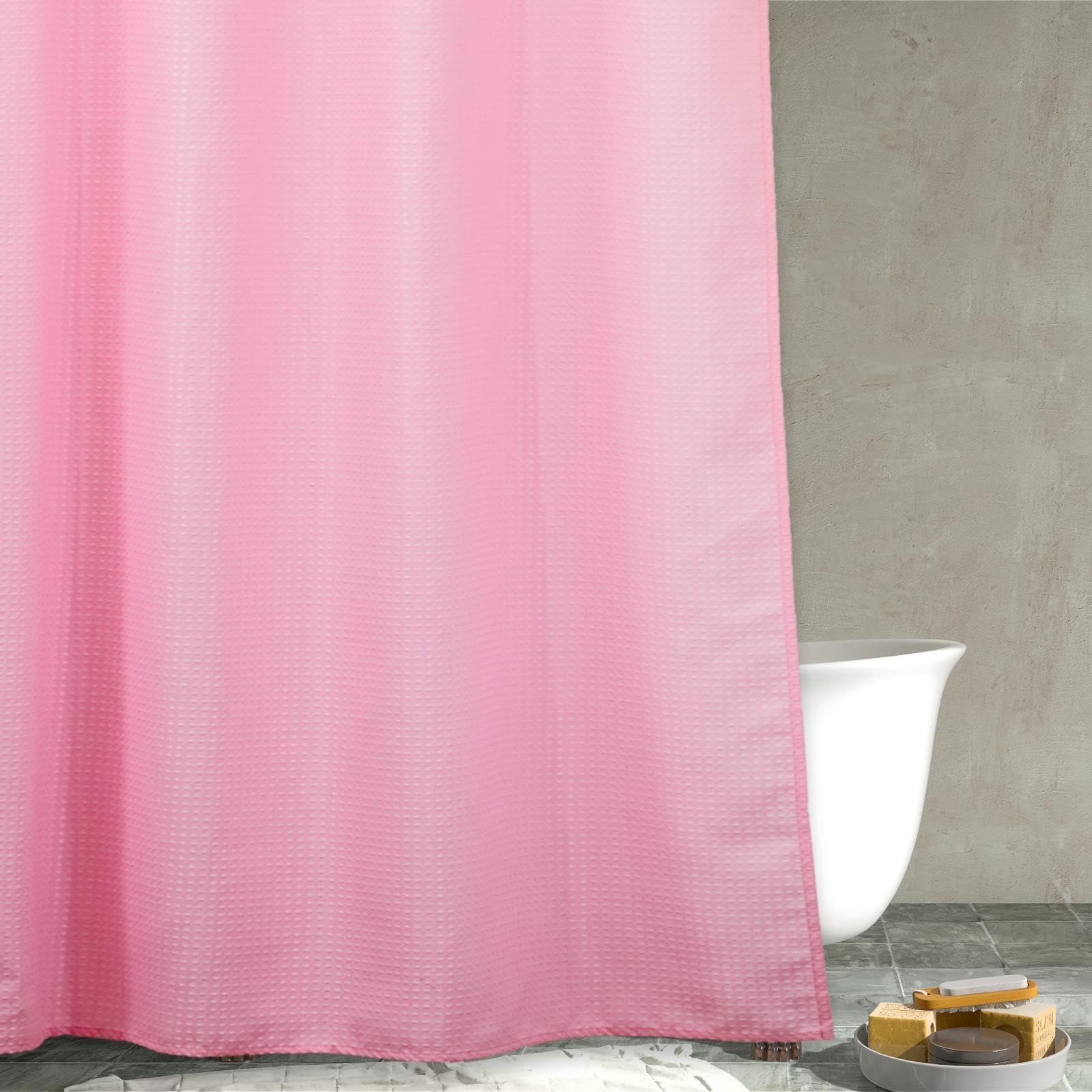 Popkozzi Pink Waffle Weave Shower Curtain | Heavy Duty Fabric