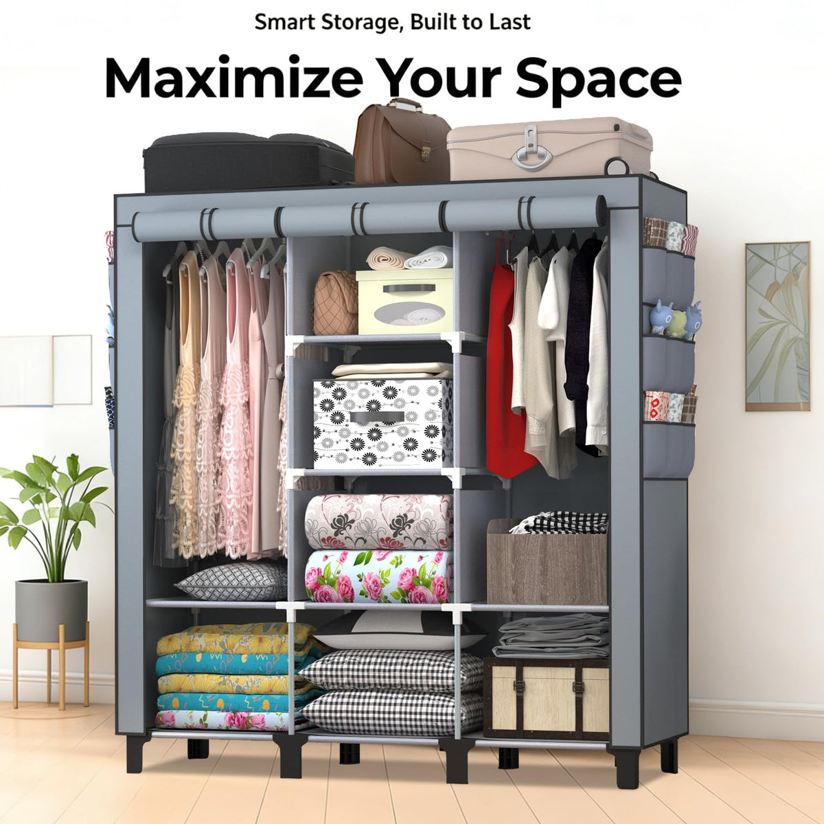 chunyangjingpin Portable Closet with 2 Hanging Rails & 8 Shelves, Bedroom Wardrobe with 18 Side Pockets, Foldable Garment Organiser Grey
