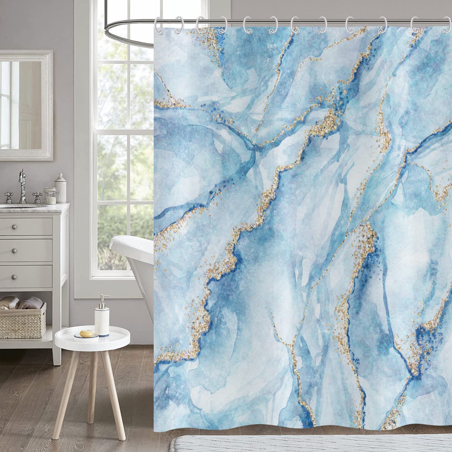 Hnmdmyi Blue Marble Shower Curtain – Waterproof Abstract Art Polyester