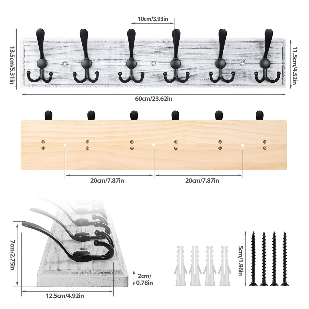 PHINGEER Wall Mounted Coat Rack – 6 Triple Hooks Heavy Duty Pine Wood