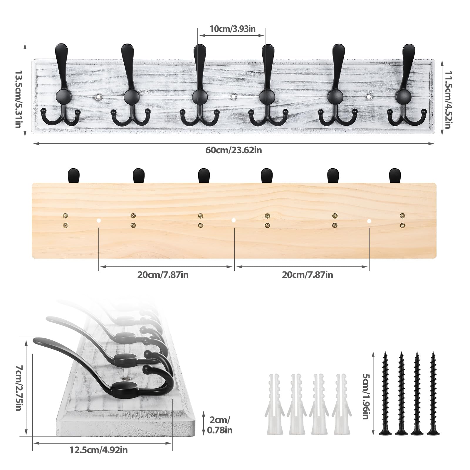 PHINGEER Wall Mounted Coat Rack – 6 Triple Hooks Heavy Duty Pine Wood