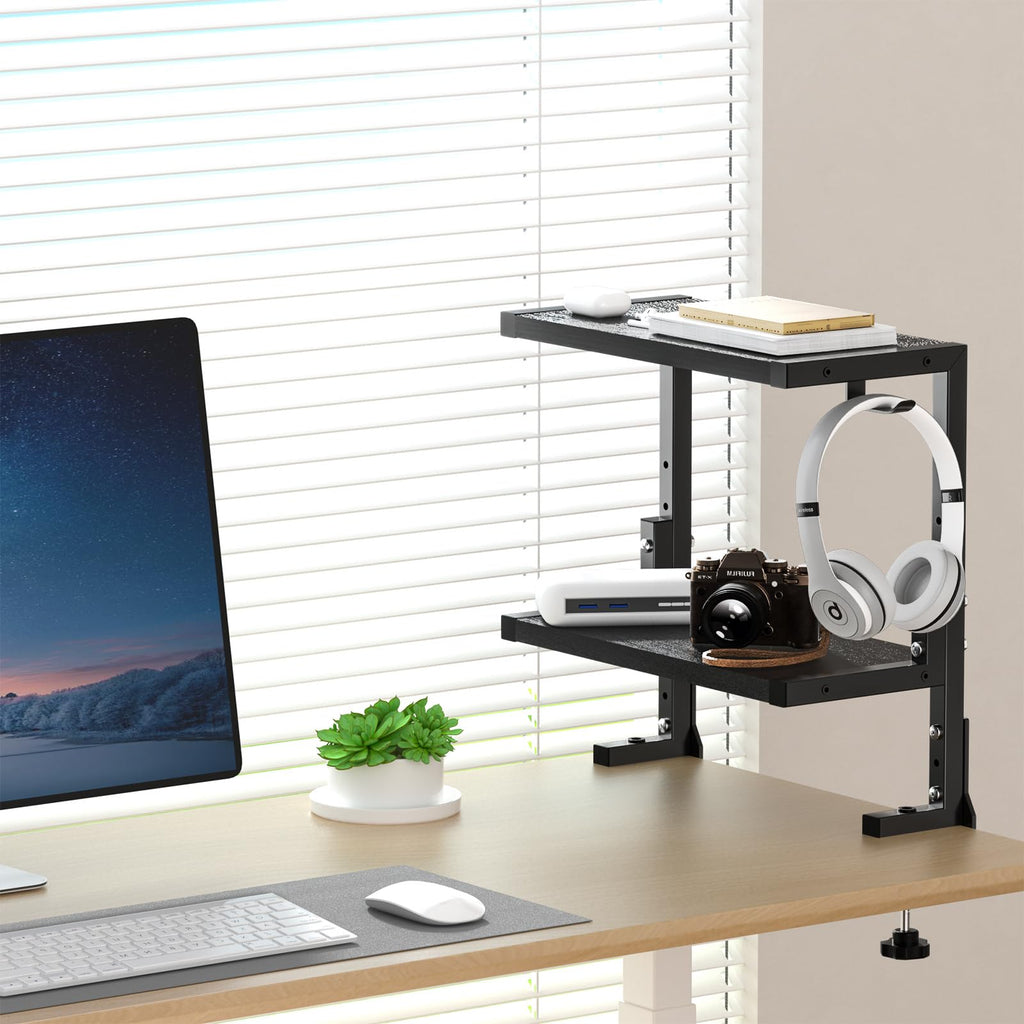 PUTORSEN 2-Tier Clamp-On Desk Shelf | Adjustable Height Organizer, Black