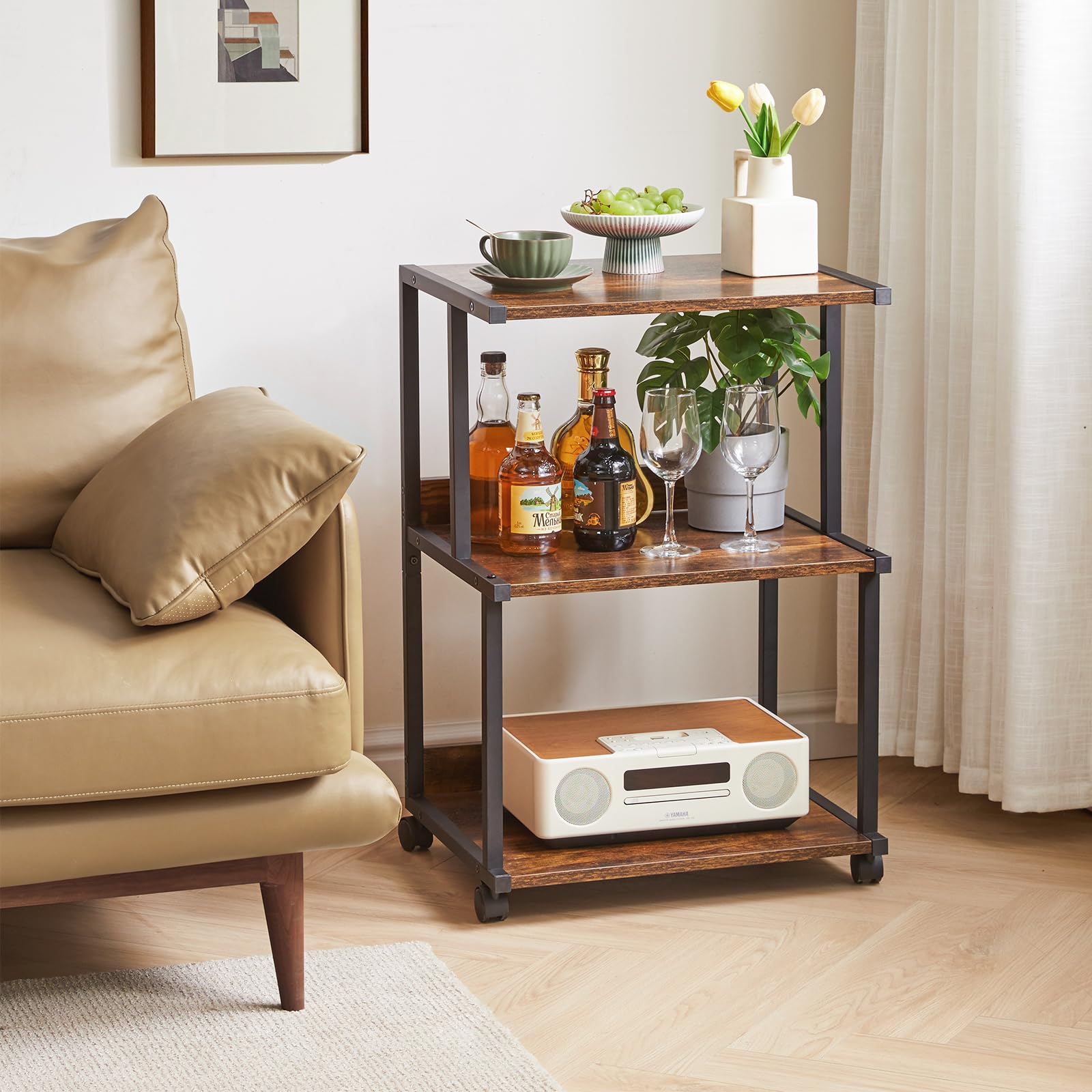 IBUYKE 3-Tier Printer Stand with Wheels | Rustic Wood Rolling Office Cart
