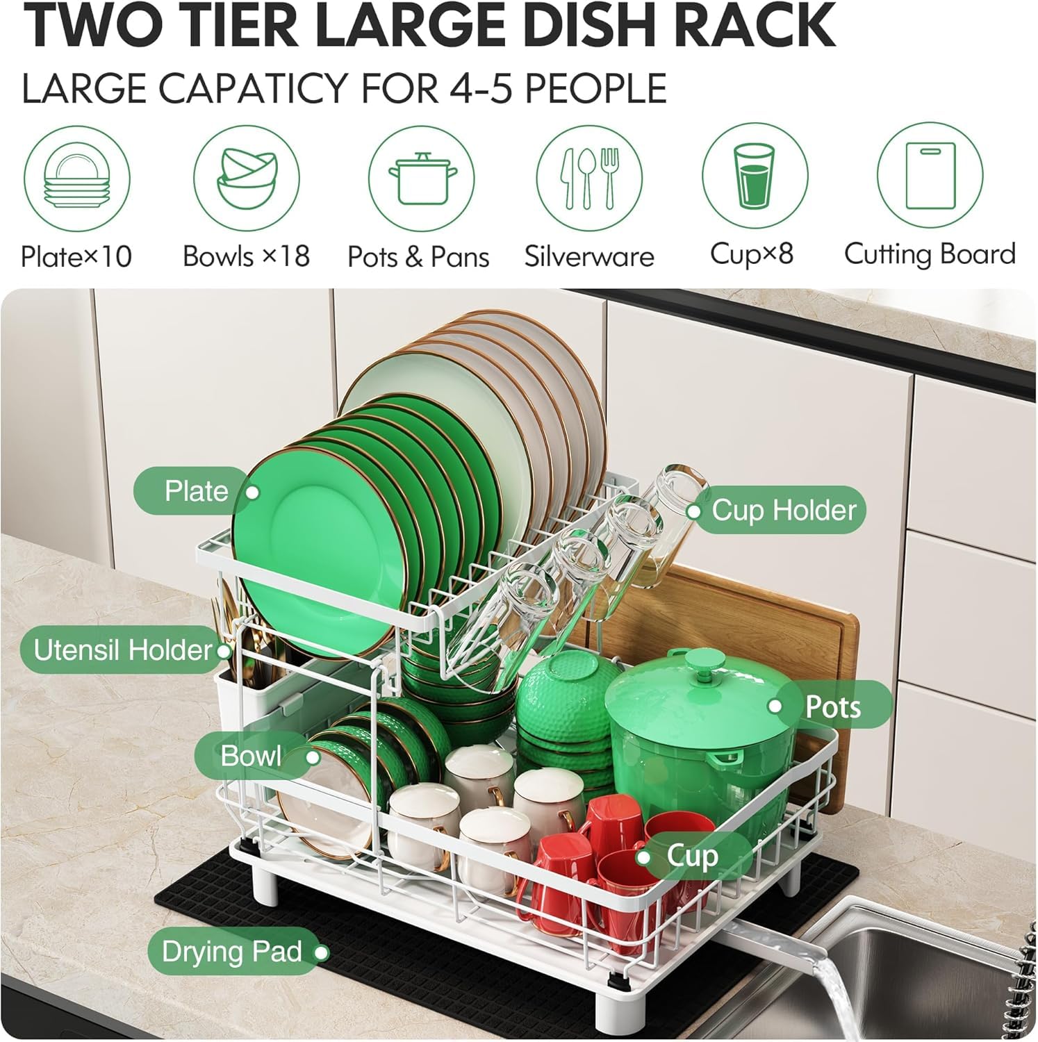 2-Tier Stainless Steel Dish Drying Rack with Swivel Spout