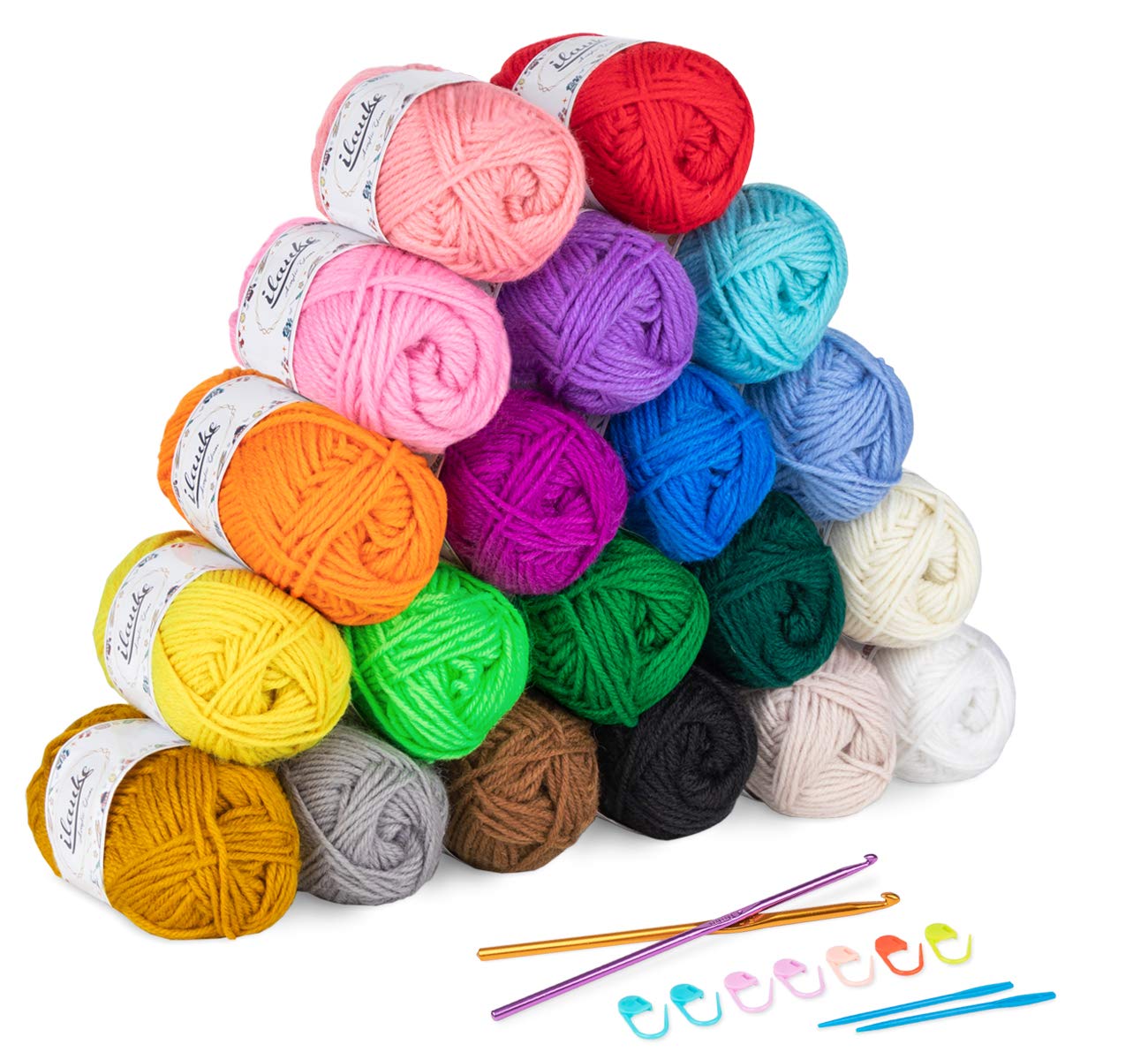 ilauke 20-Pack Acrylic Knitting Yarn Set with Crochet Hooks & Accessories