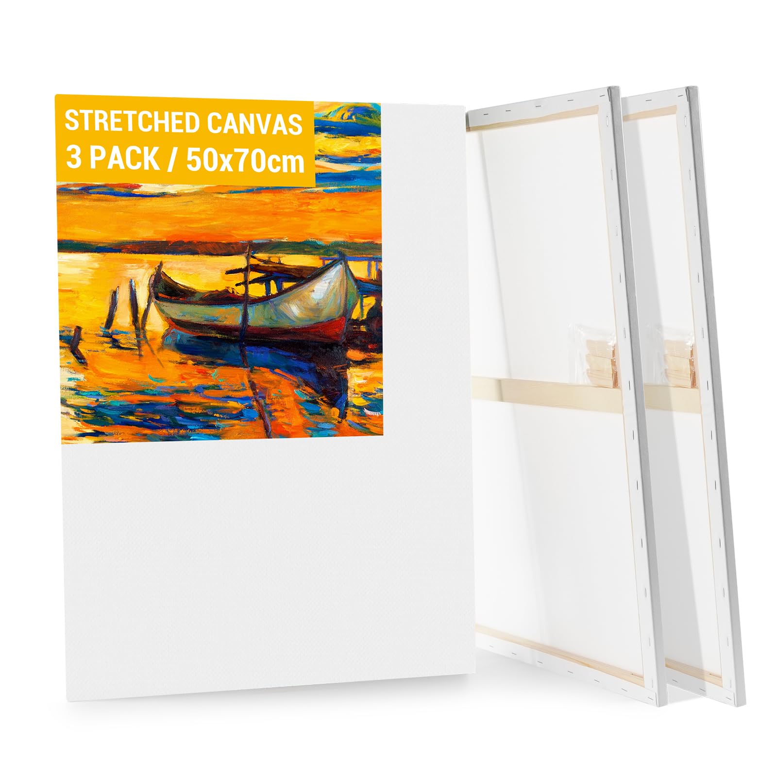 Koncci 3-Pack Stretched Canvas for Painting | 50x70cm Primed Cotton